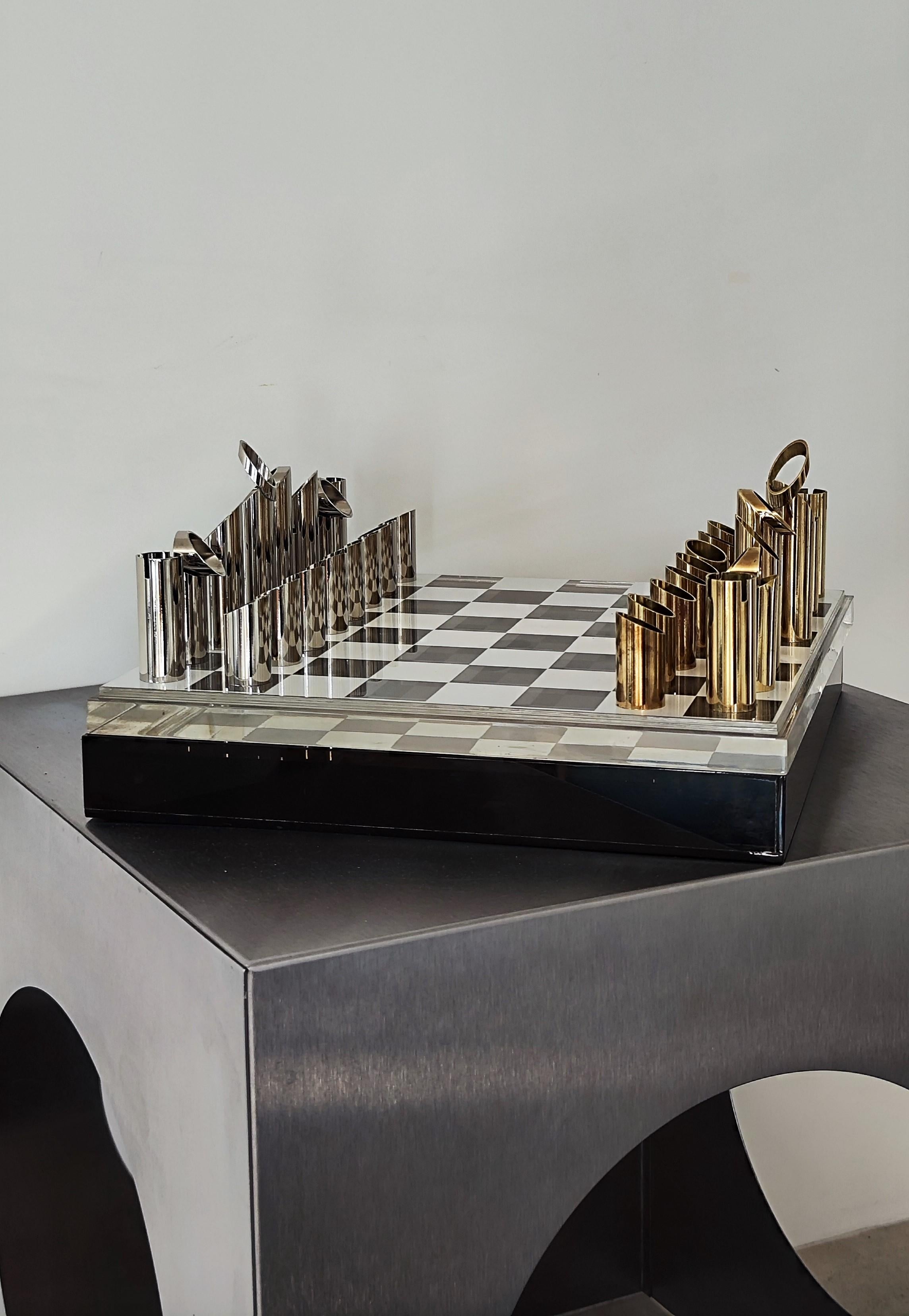 Italian Chess set + board 70s altuglas steel bronze Mario Vento Mid Century  Italie 1970
