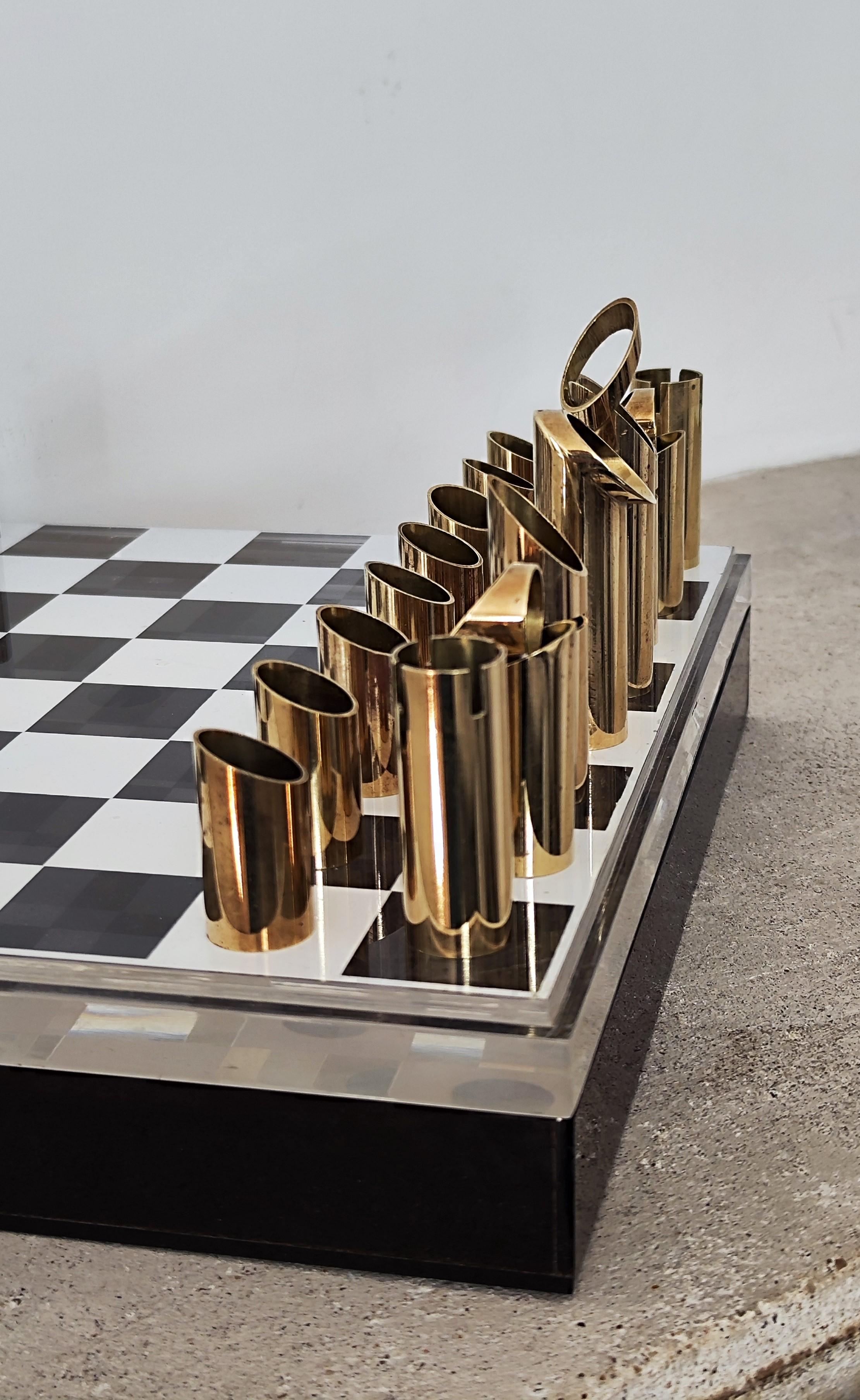 Chess set + board 70s altuglas steel bronze Mario Vento Mid Century  Italie 1970 3