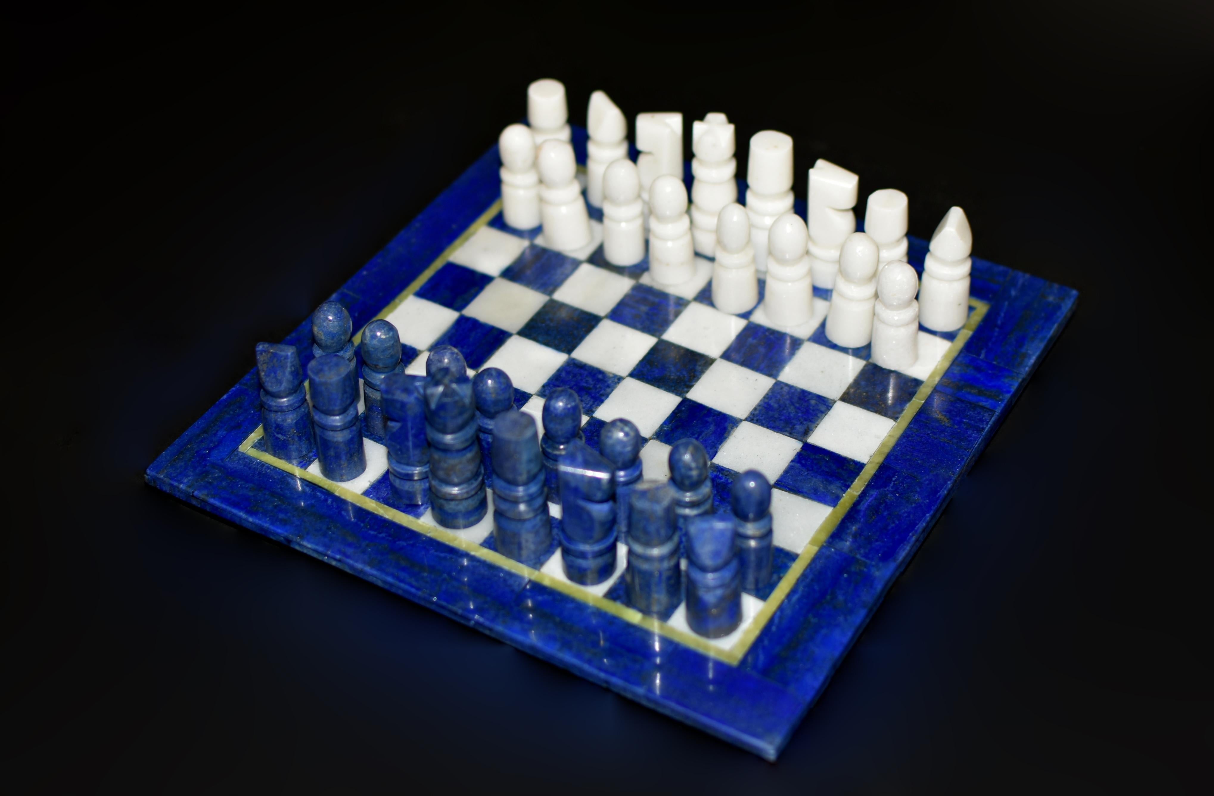 Hand-Carved Chess Set Gemstone Lapis Lazuli and Marble 8