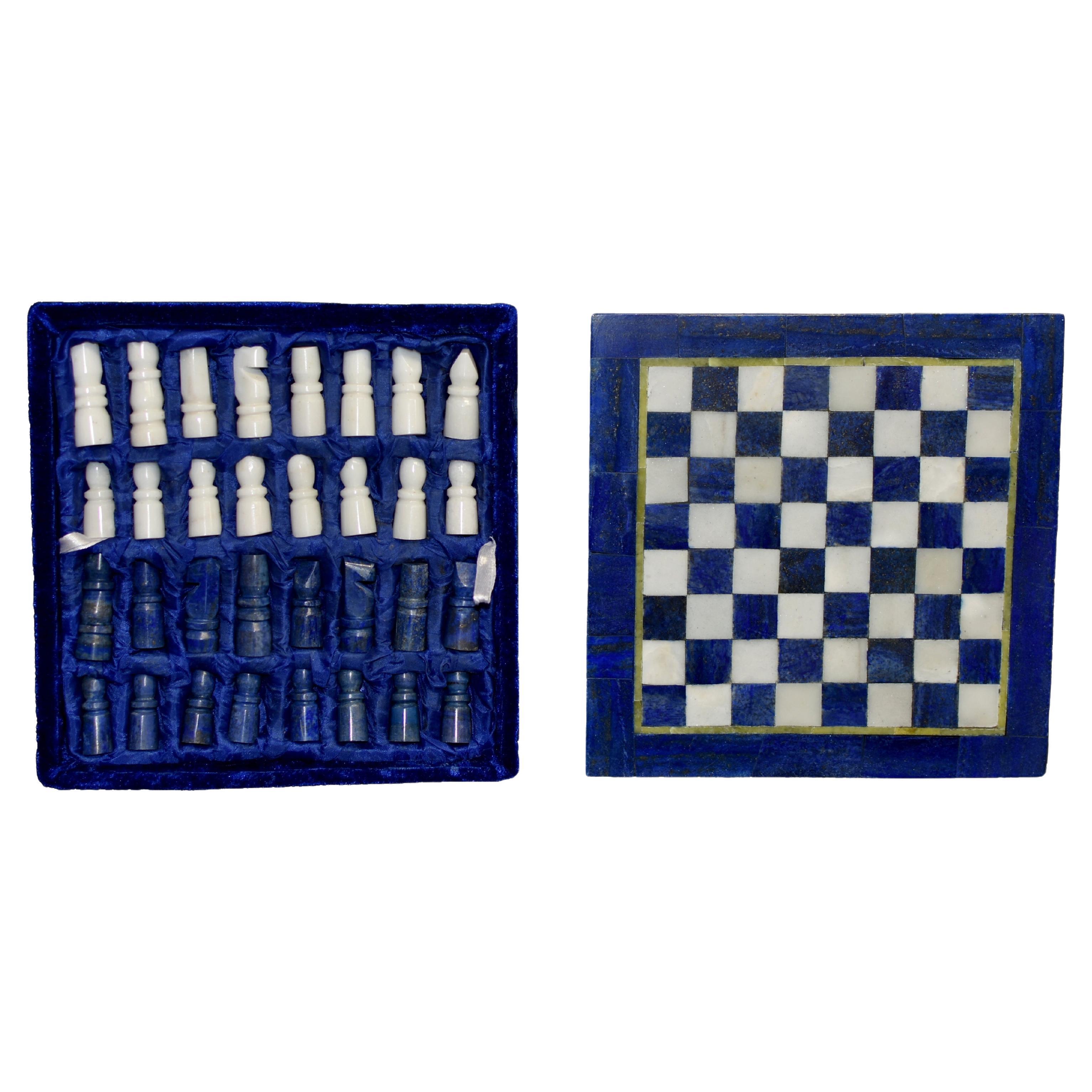 Jeu d'échecs en pierre Lapis Lazuli et marbre 8". en vente