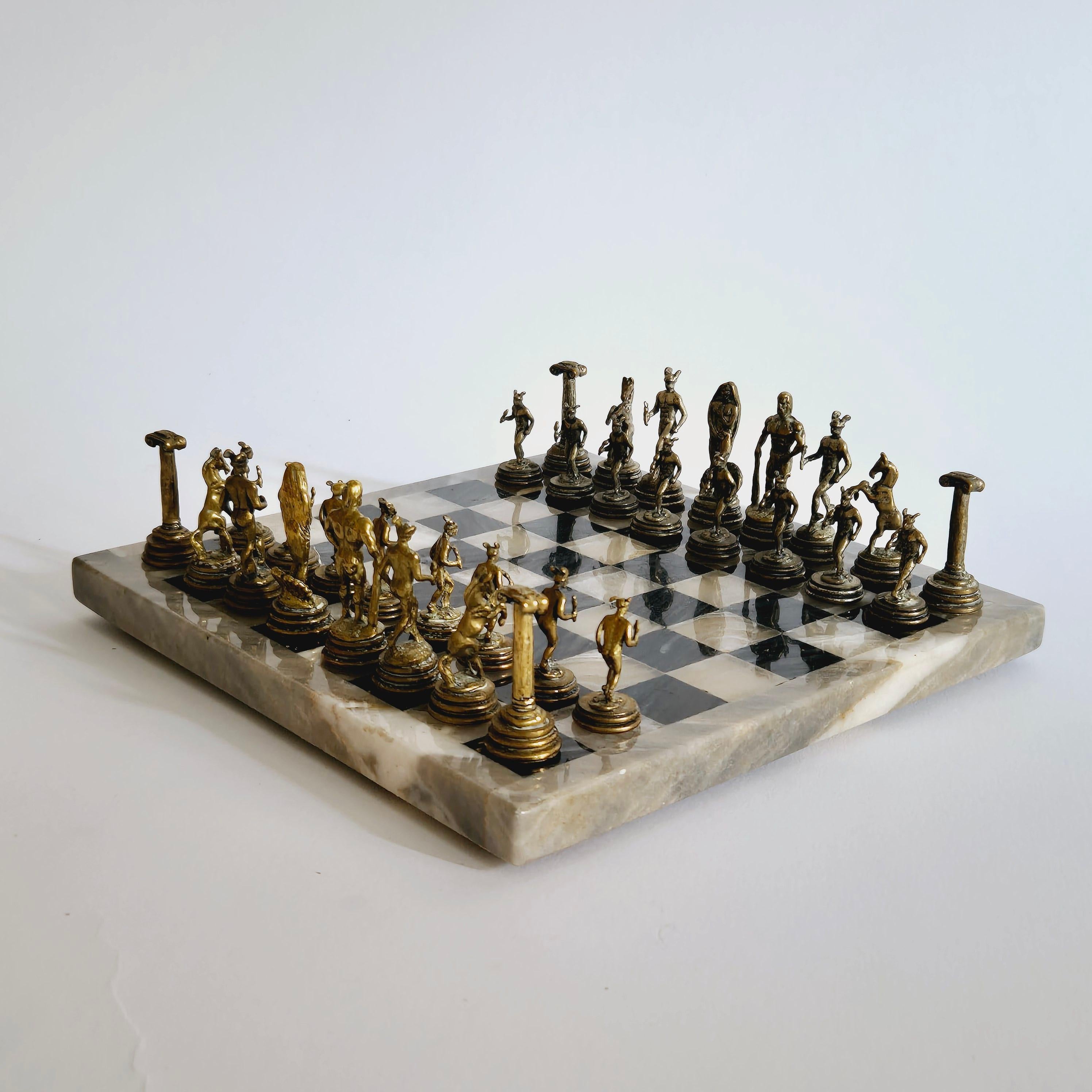 Hollywood Regency Chess set, onyx and pewter, French 1970s