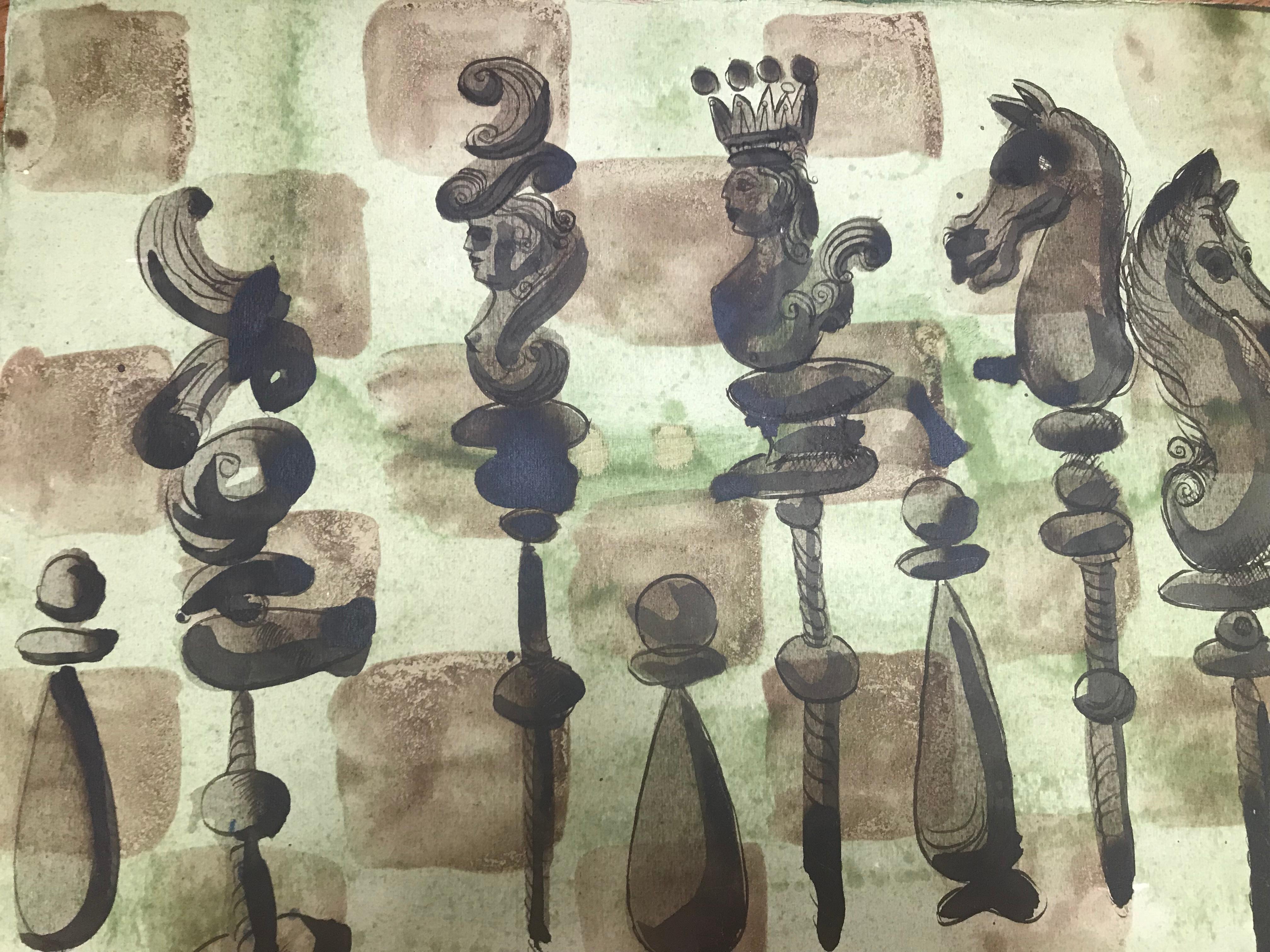 Elegant watercolor of a chess board and pieces, by Zev Harris.
Framed in a cerused walnut frame.
The artist, born Daniel Harris, studied at the Masters Institute of the Roerich Museum in Hungary, in New York City at the National Academy of Design,