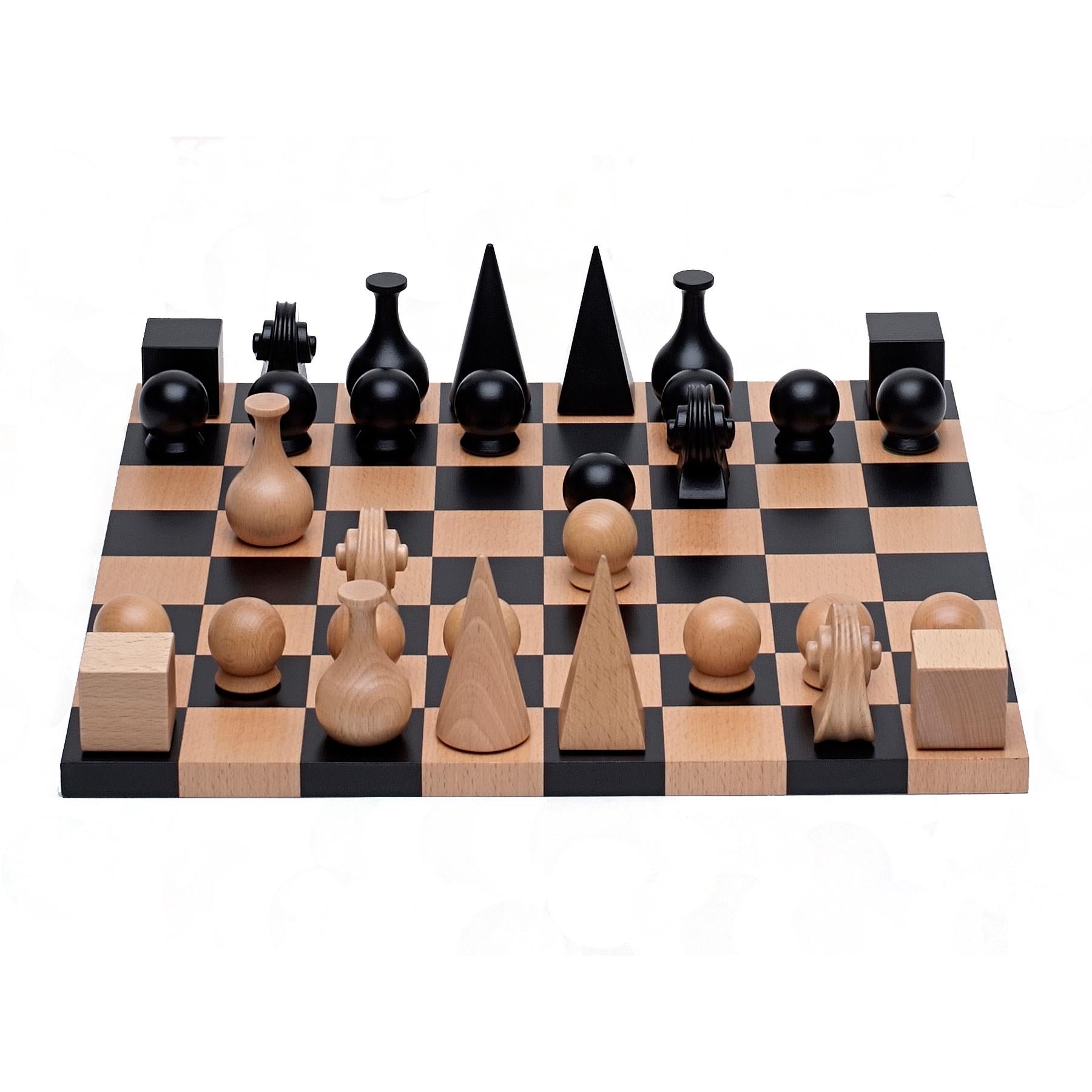 Chess Set (32 pieces) with board
re-edition based on 1920 design
carved solid beech wood
tallest piece is 2