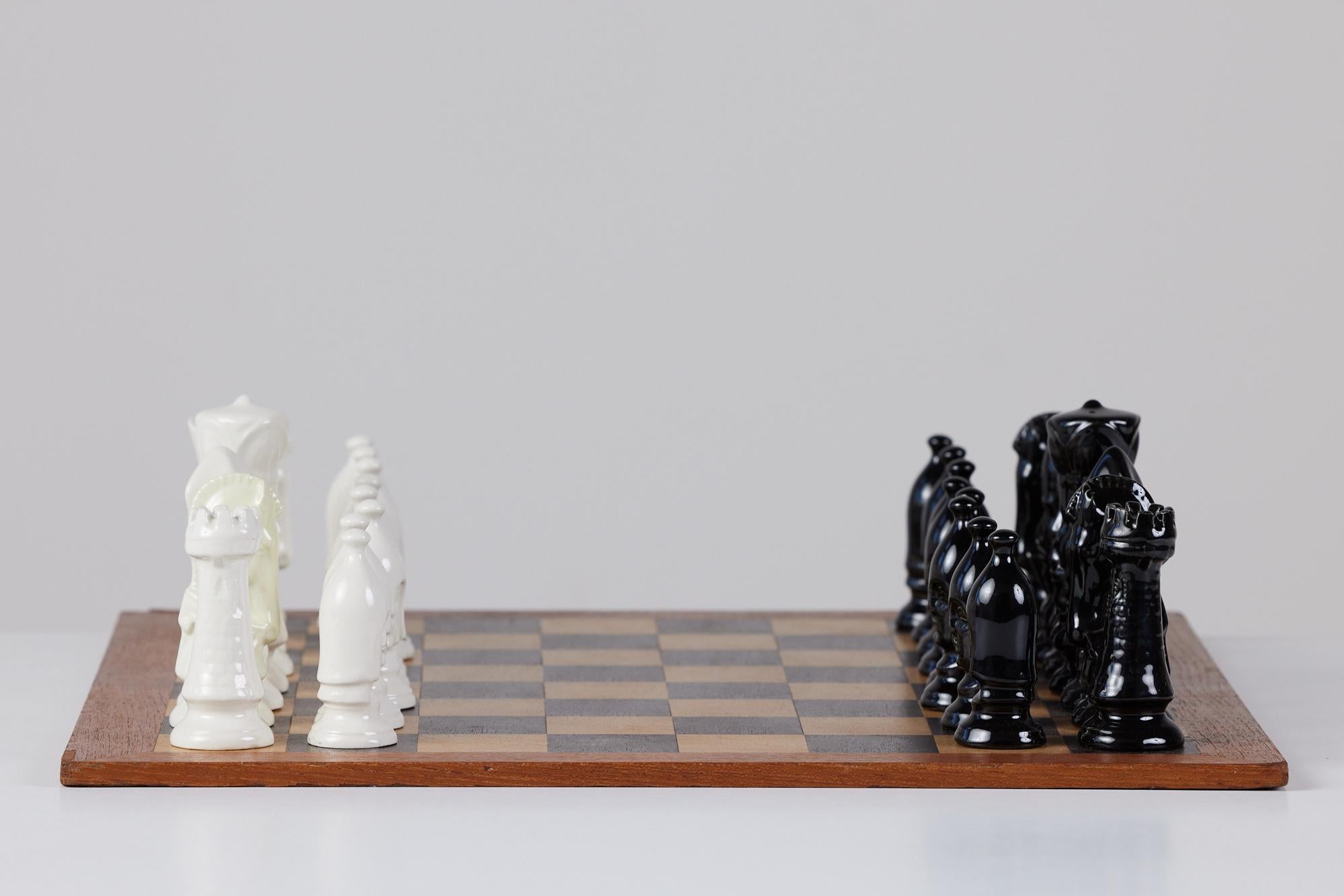 Mid-Century Modern Chess Set with Ceramic Game Pieces