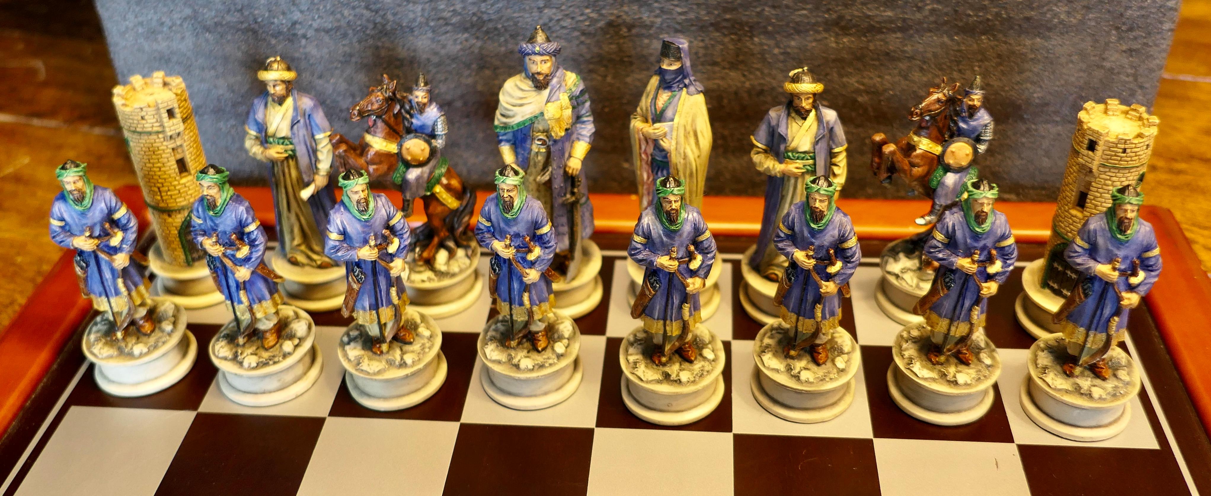 Folk Art Chess Set with Crusader and Saracen Figures  An interesting slant on the game   For Sale