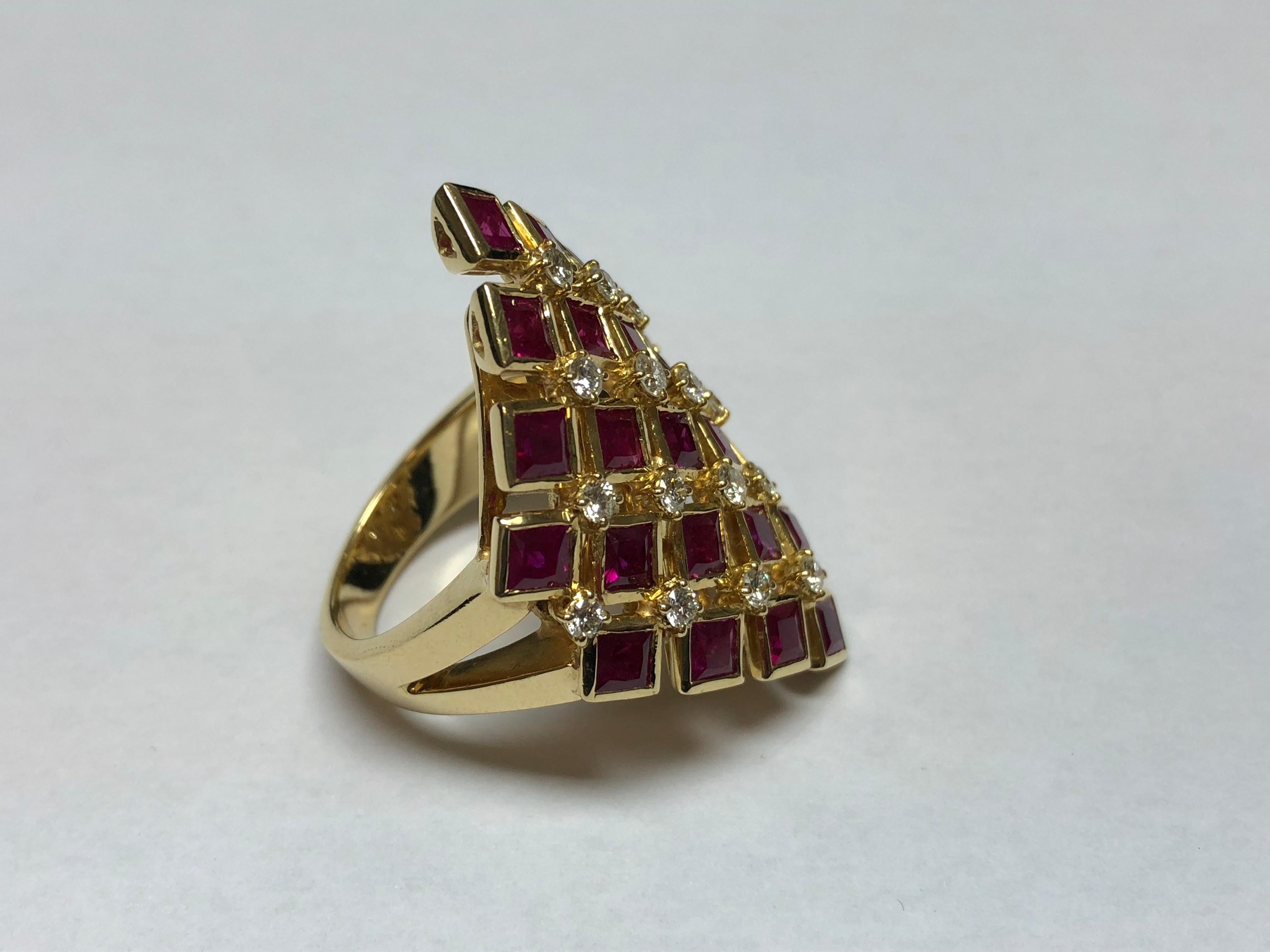Amazing chess style jewelry gold ring,1.44ct Diamonds & 5.75ct Burmese rubies ring!

The ring is decorated with absolutely unique AAA Vivid Red 5.75ct CERTIFIED Burmese Rubies and by 1.44 ct 
Round Brilliant Cut Diamonds with the finest E-I