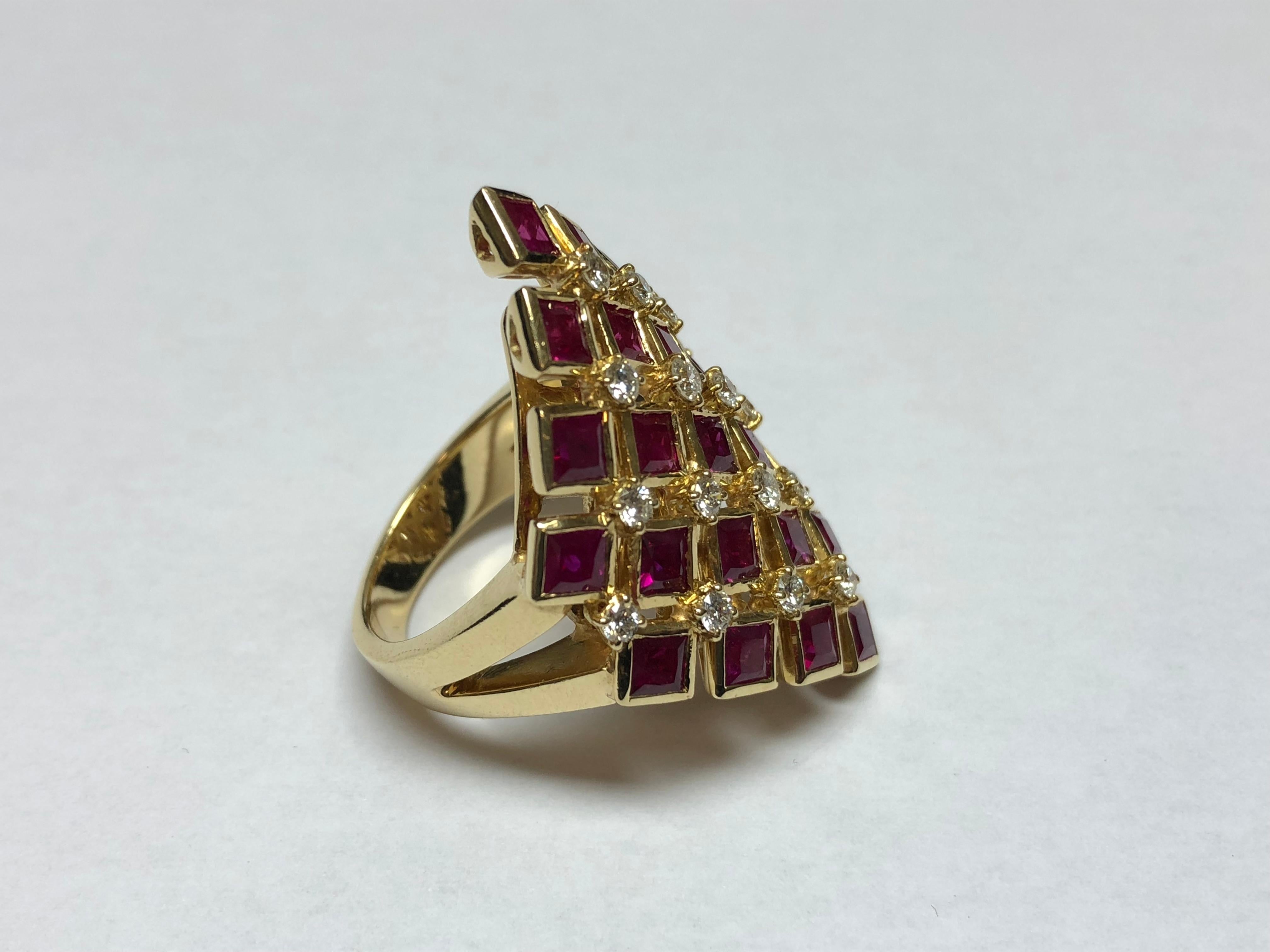 Art Deco Chess Style Jewelry Gold Ring with Diamonds and Burmese Rubies For Sale