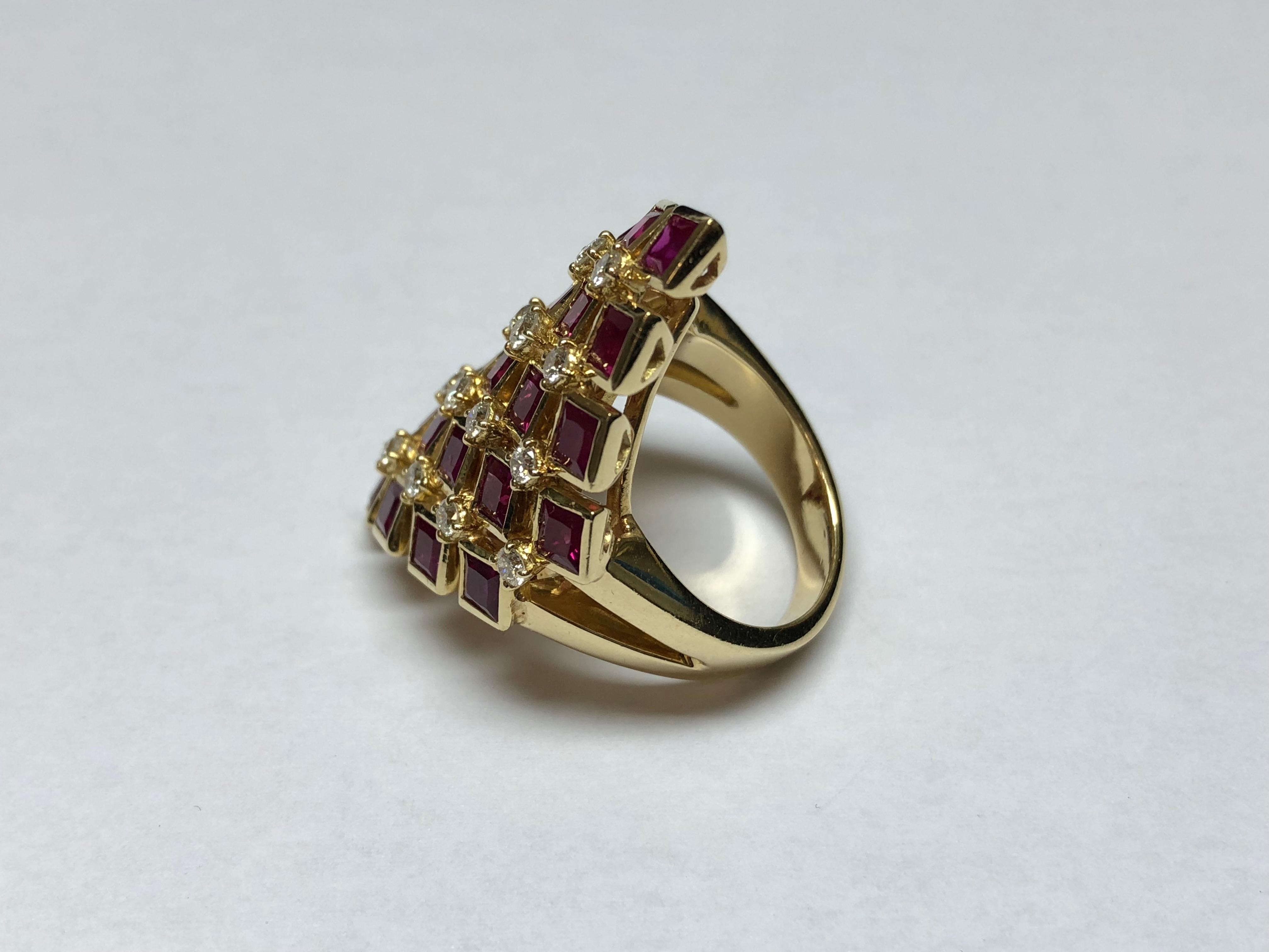 Women's Chess Style Jewelry Gold Ring with Diamonds and Burmese Rubies For Sale