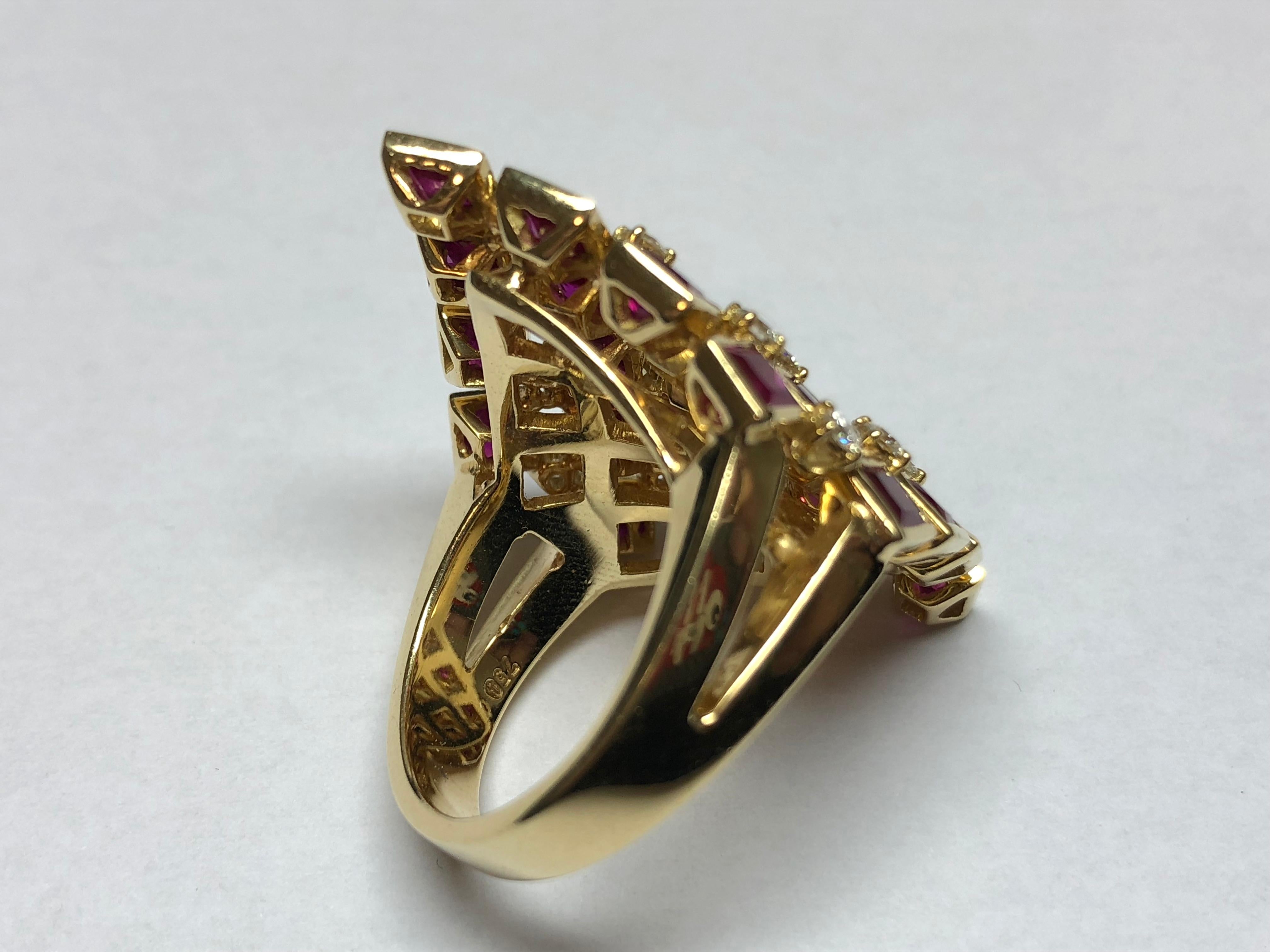 Chess Style Jewelry Gold Ring with Diamonds and Burmese Rubies For Sale 2