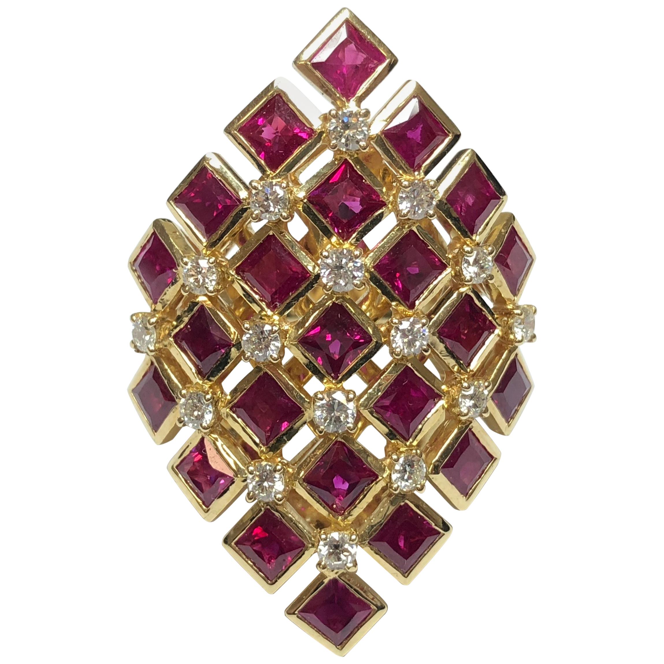 Chess Style Jewelry Gold Ring with Diamonds and Burmese Rubies For Sale