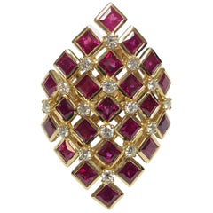Chess Style Jewelry Gold Ring with Diamonds and Burmese Rubies