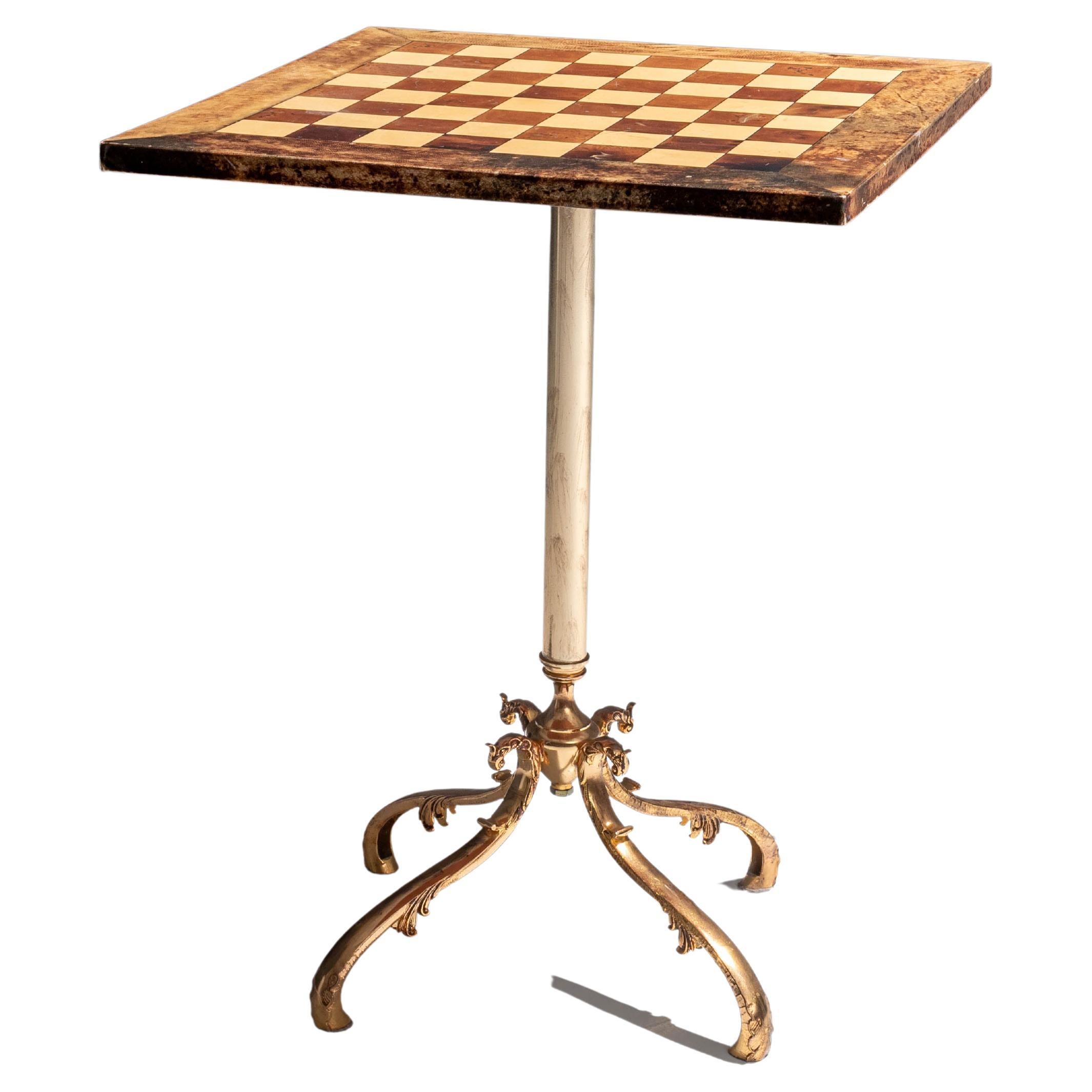 Chess Table by Aldo Tura in Lacquered Goatskin and Brass, Italy, 1970's For Sale