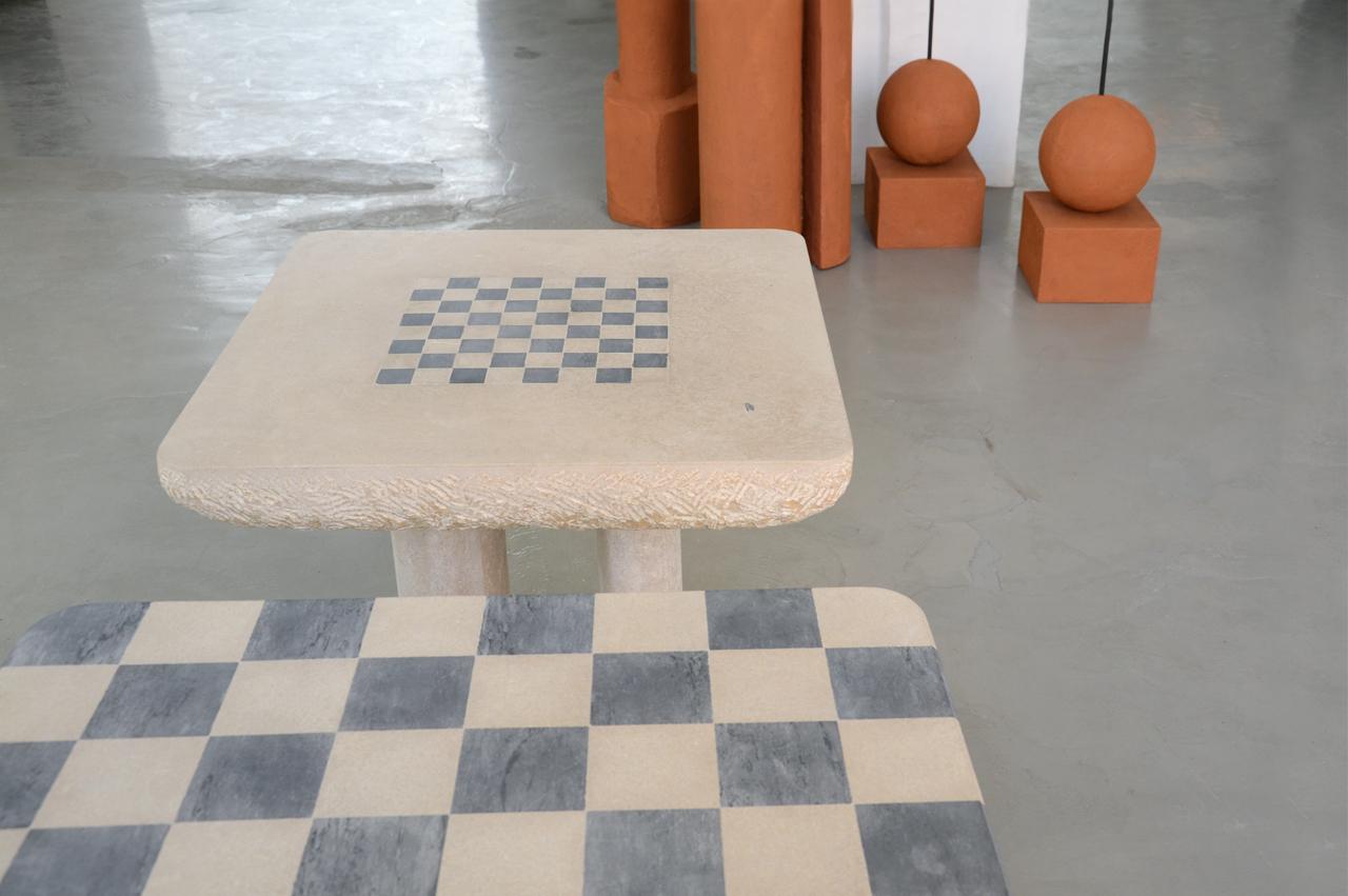 Modern Chess Table, French Limestone, Hand-Sculpted, Rooms