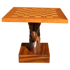 Vintage Chess Table with Horse Head Base, Complete Set
