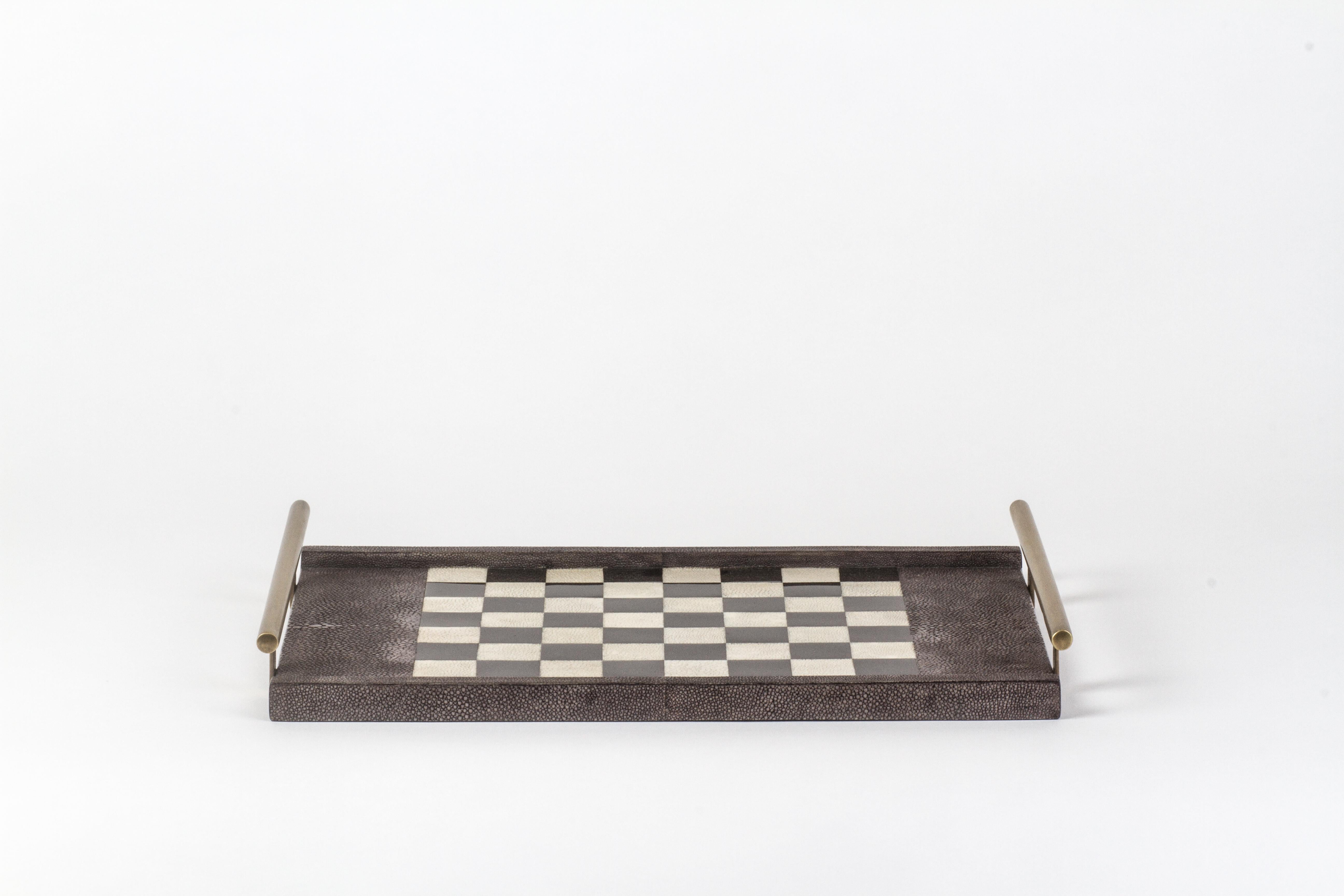 French Chess Tray in Shagreen, Shell and Bronze Patina Brass by Kifu Paris For Sale