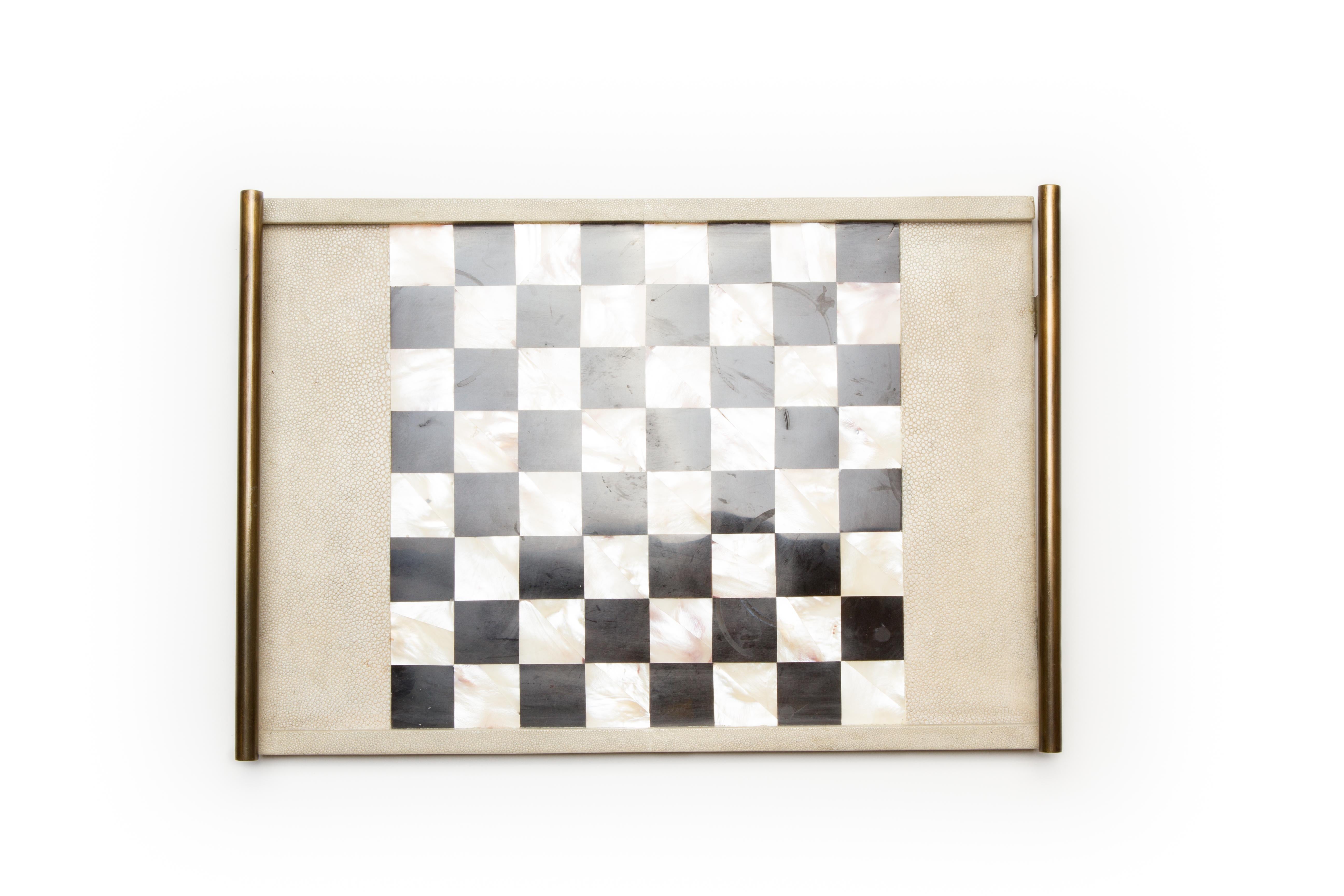 French Chess Tray in Shagreen, Shell and Bronze Patina Brass by Kifu Paris For Sale