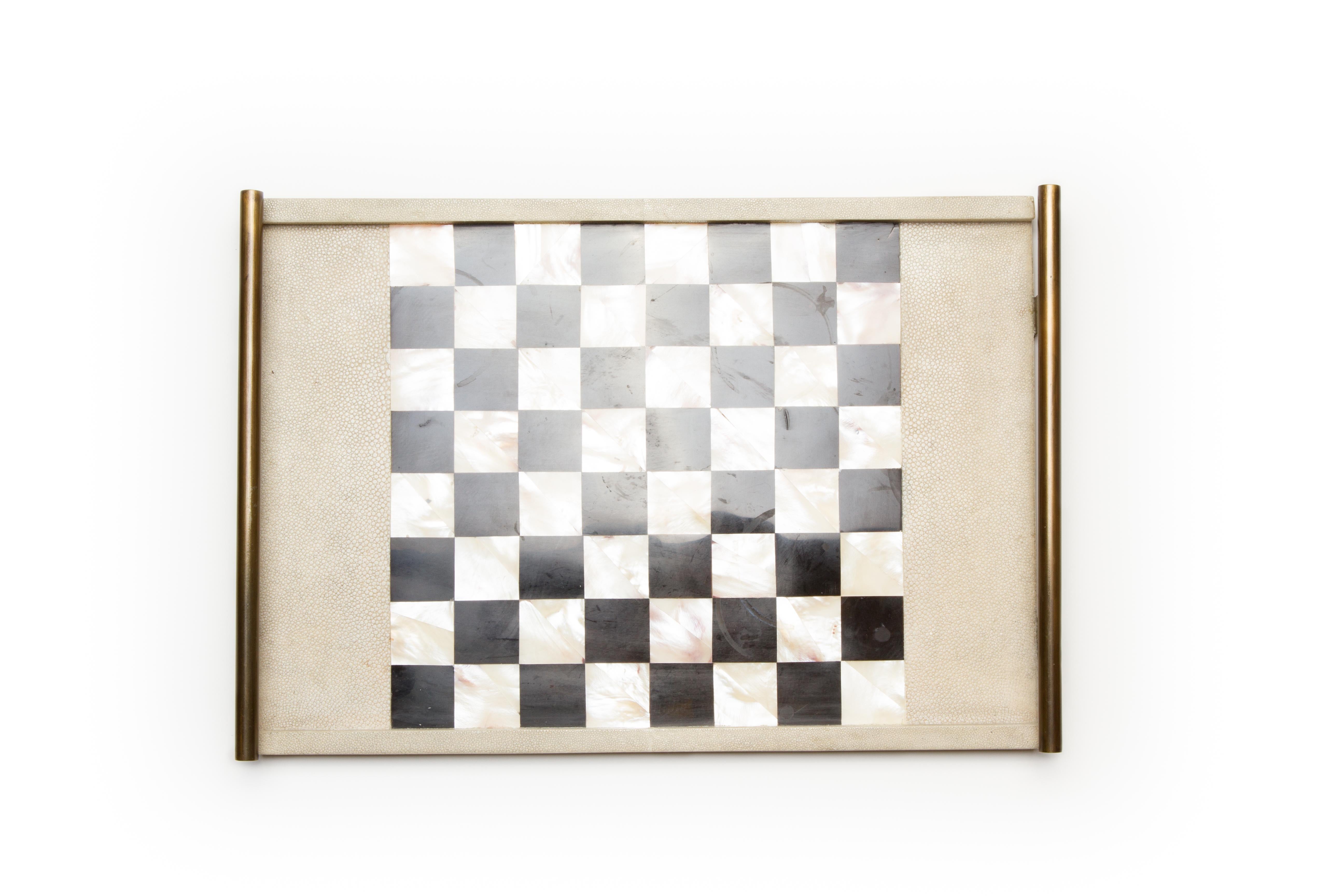 Philippine Chess Tray in Shagreen, Shell and Bronze Patina Brass by Kifu Paris For Sale