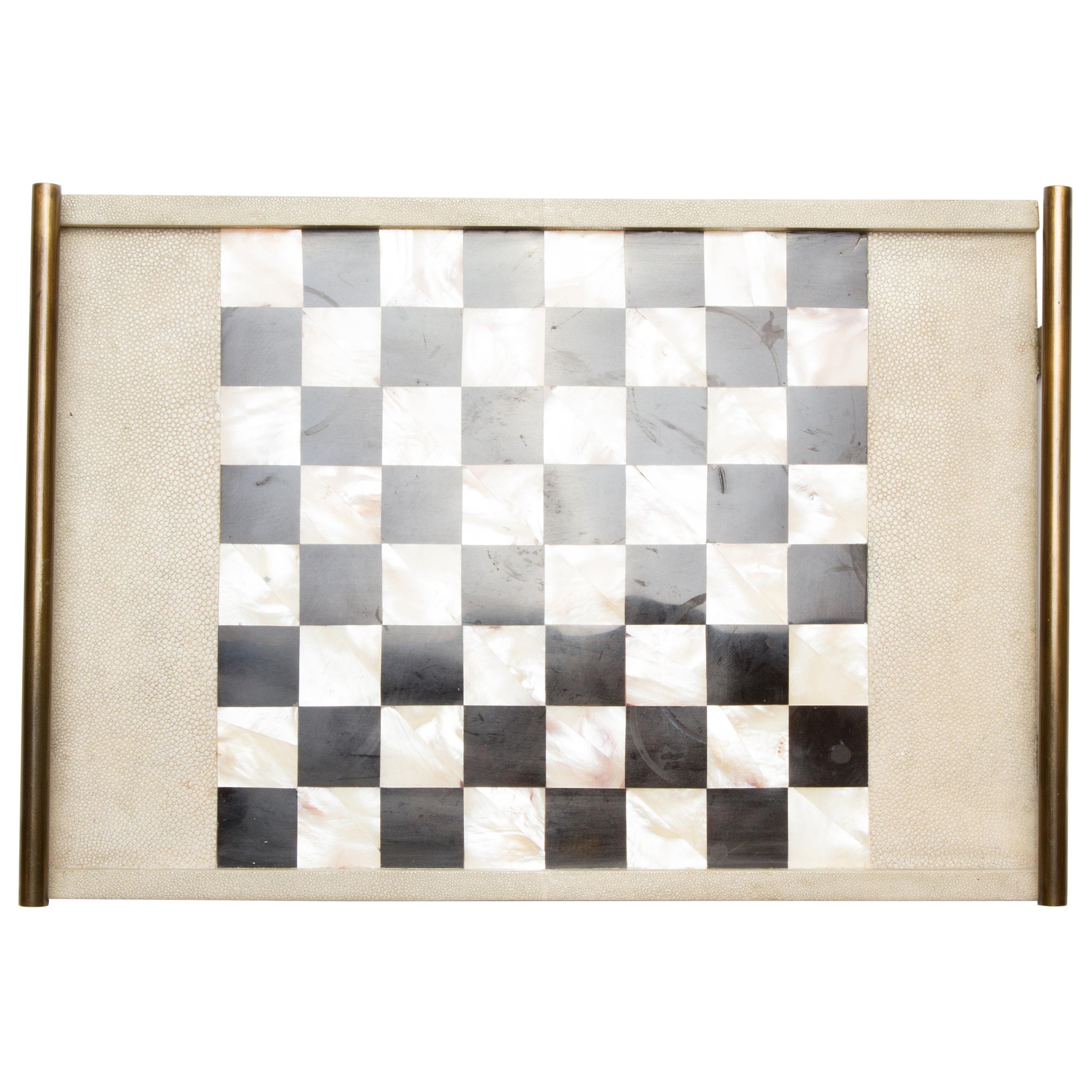 Chess Tray in Shagreen, Shell and Bronze Patina Brass by Kifu Paris For Sale