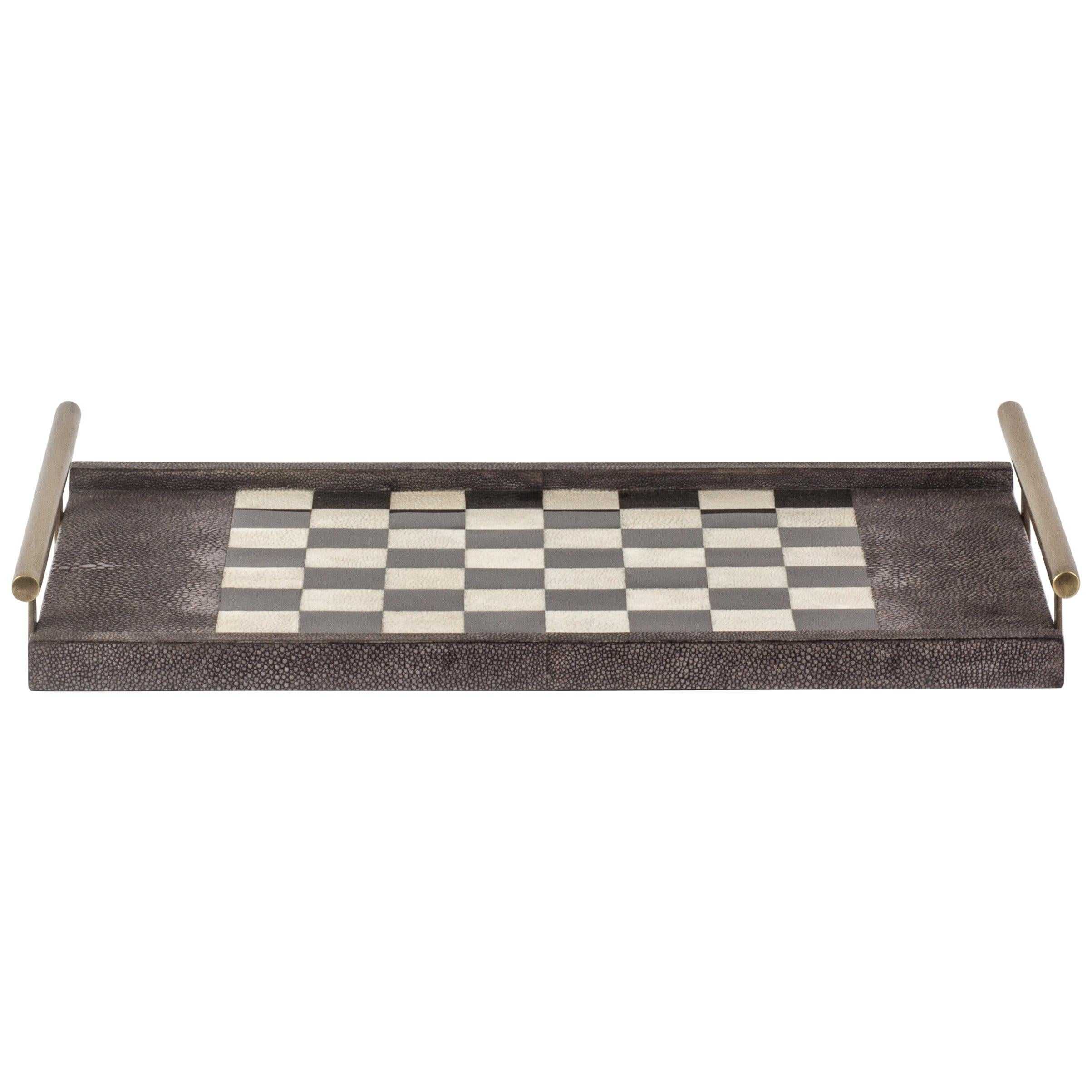 Chess Tray in Shagreen, Shell and Bronze Patina Brass by Kifu Paris For Sale