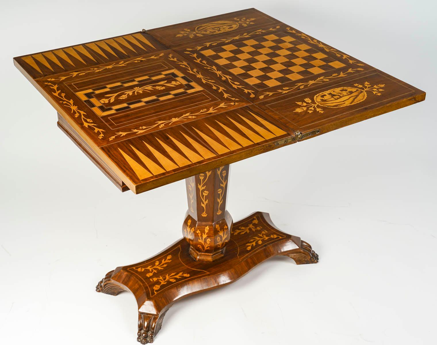 Chessboard, Backgammon Table, Wooden Marquetry Games Table, Early 20th Century. For Sale 7