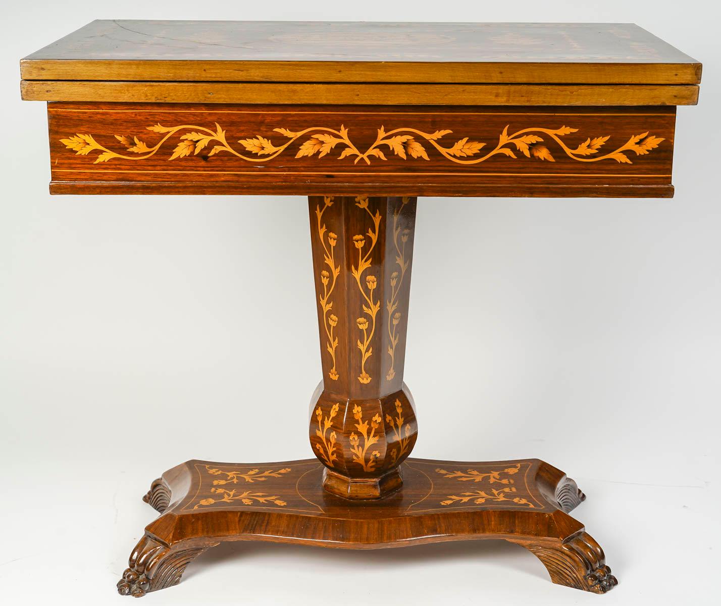 Chessboard, Backgammon Table, Wooden Marquetry Games Table, Early 20th Century.

Chessboard, Backgammon table, games table, early 20th century, carved wood chess pawn.
h: 72cm, w: 77cm, d: 41.5cm
Open: H: 72cm, W: 77cm, D: 83cm