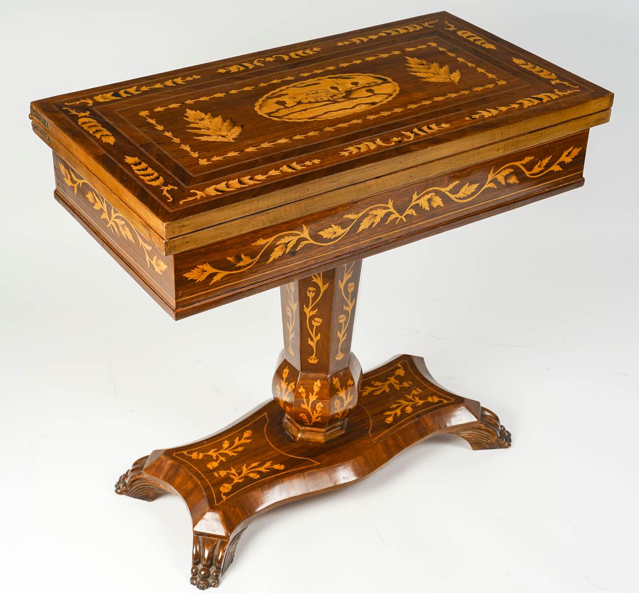 Schachbrett, Backgammon-Tisch, Holzeinlegetisch, Intarsienspieltisch, frühes 20. Jahrhundert. (Britisch Kolonial) im Angebot