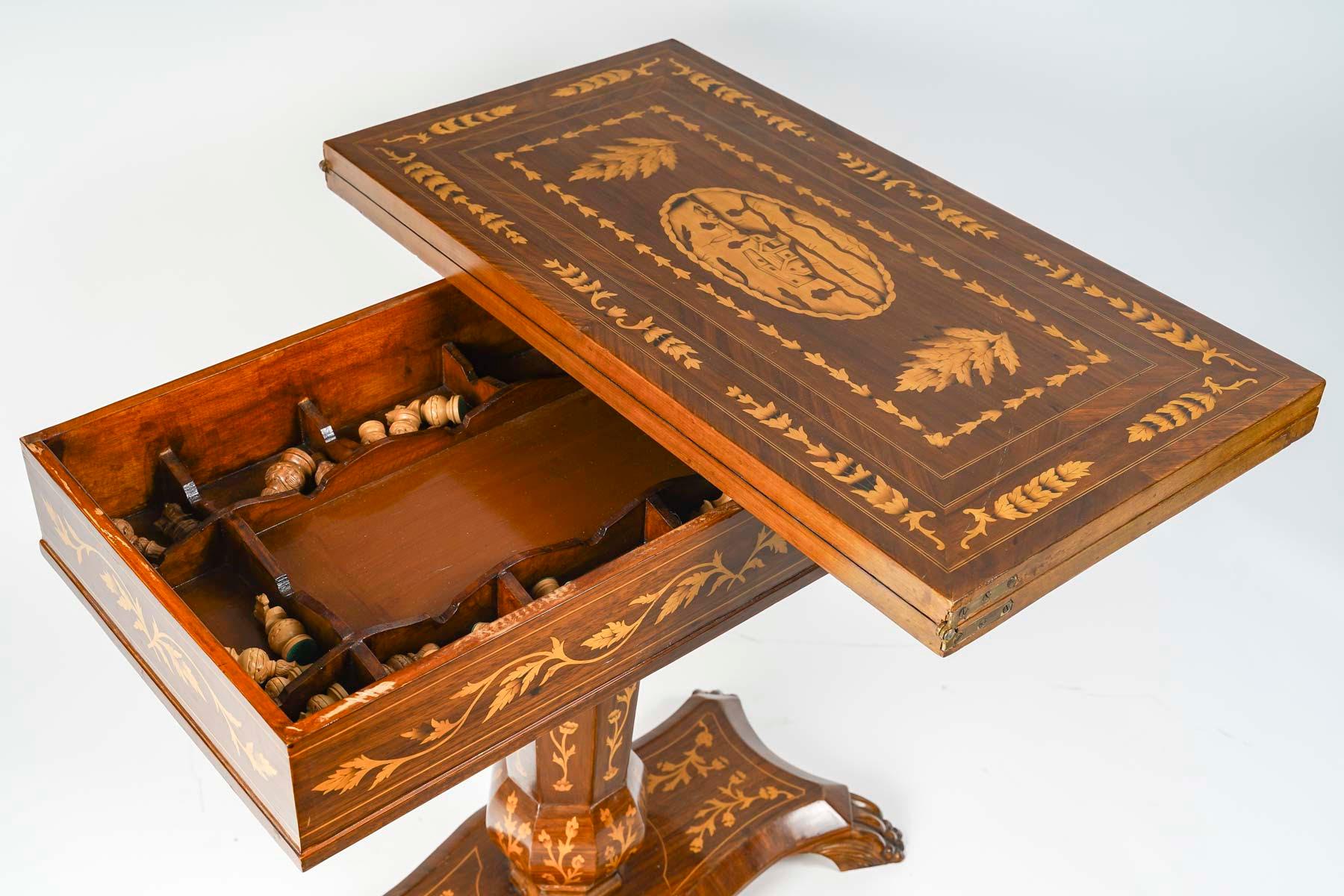 Schachbrett, Backgammon-Tisch, Holzeinlegetisch, Intarsienspieltisch, frühes 20. Jahrhundert. im Zustand „Gut“ im Angebot in Saint-Ouen, FR