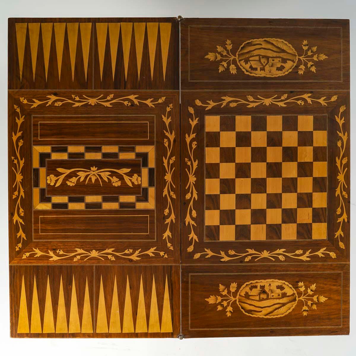 Chessboard, Backgammon Table, Wooden Marquetry Games Table, Early 20th Century. For Sale 3