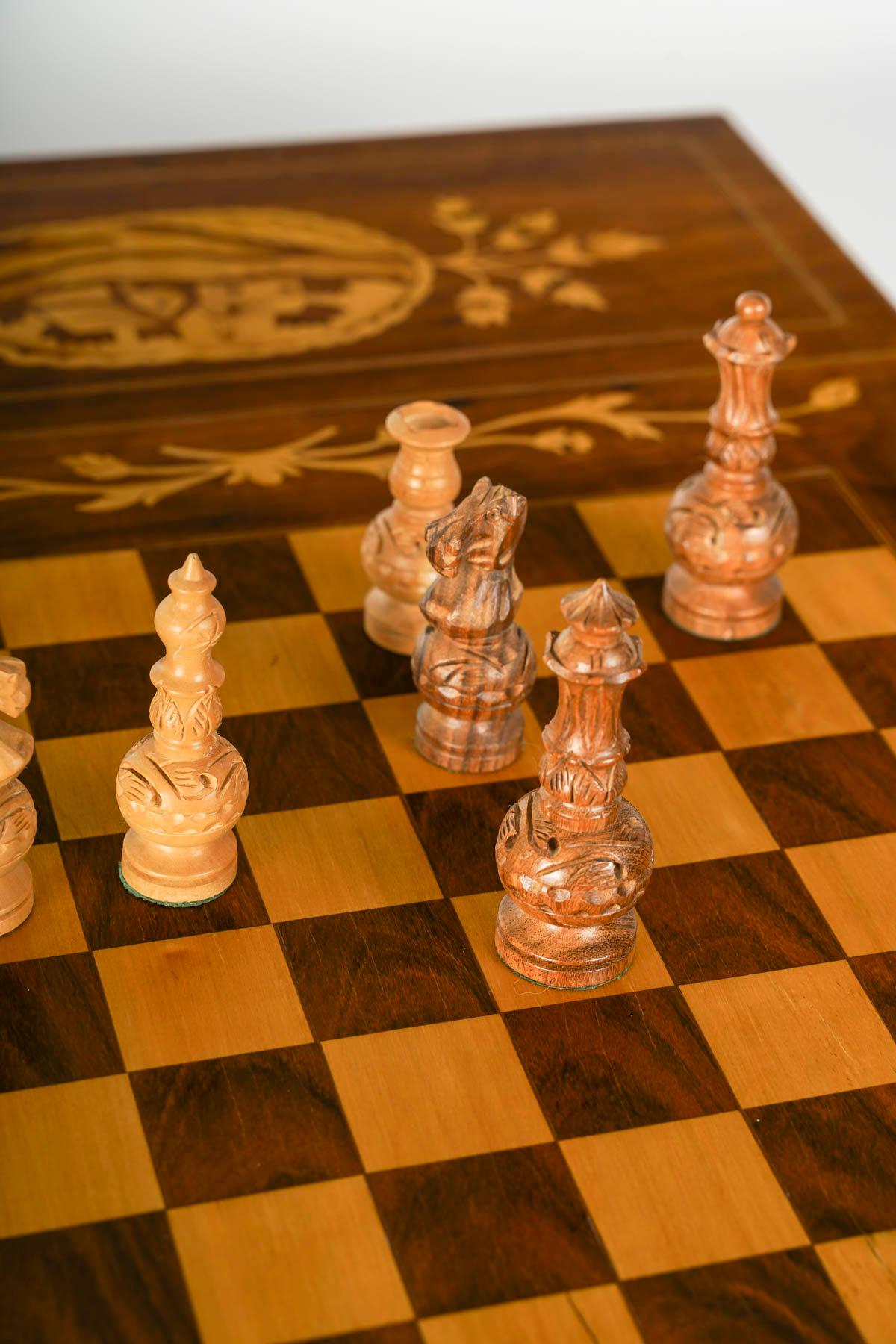 Chessboard, Backgammon Table, Wooden Marquetry Games Table, Early 20th Century. For Sale 4