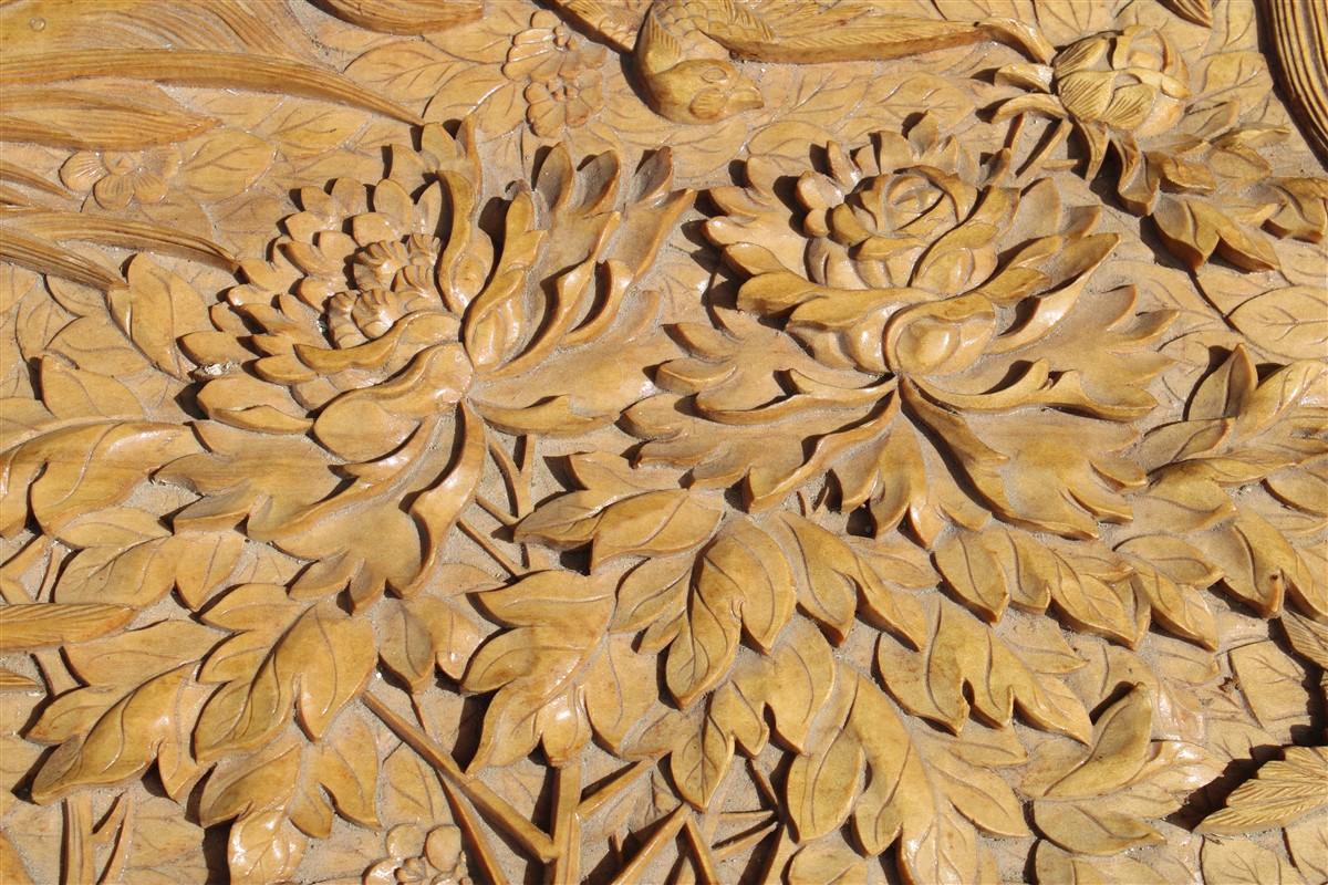 Chest 1930 Asian Wooden Carved Entirely Hand Birds Peony Flower Maple Tree For Sale 2