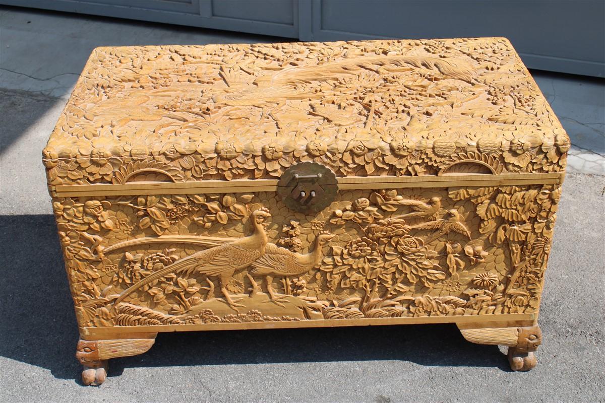 Chest 1930 Asian Wooden Carved Entirely Hand Birds Peony Flower Maple Tree For Sale 4