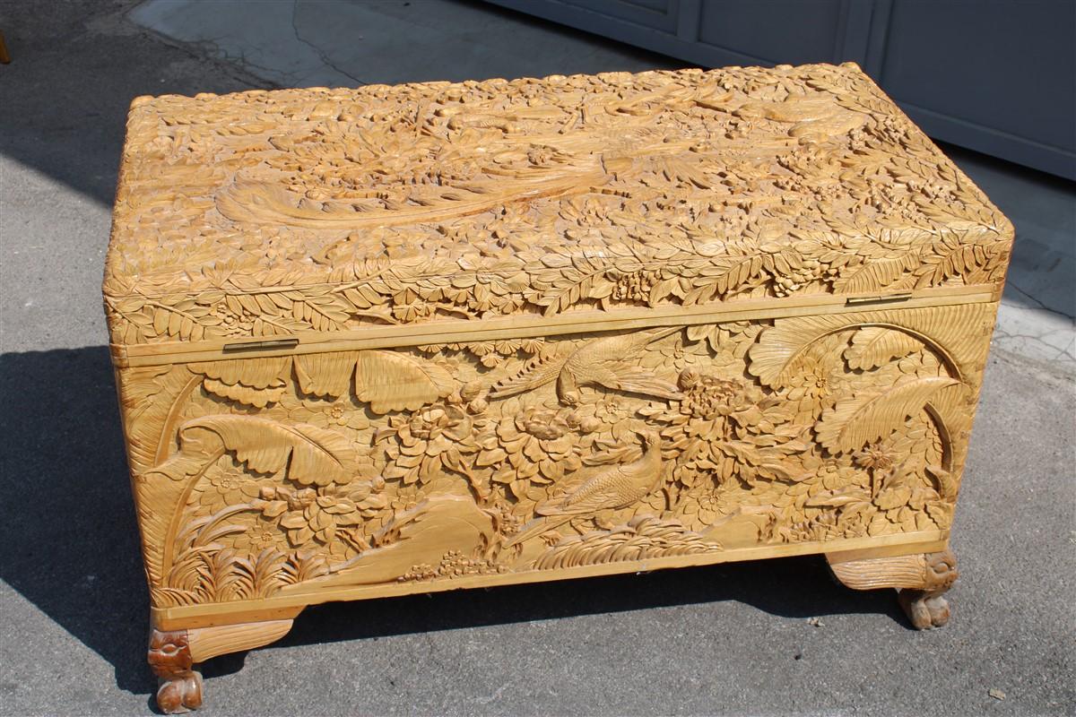 Chest 1930 Asian Wooden Carved Entirely Hand Birds Peony Flower Maple Tree For Sale 5