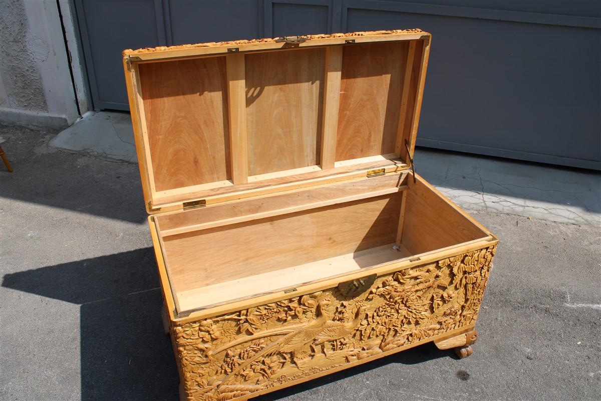 Chest 1930 Asian Wooden Carved Entirely Hand Birds Peony Flower Maple Tree For Sale 9