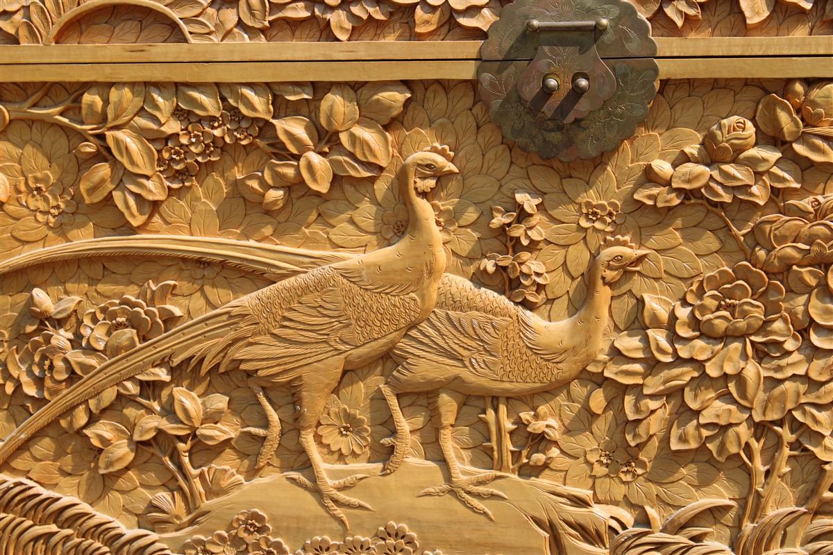 Chest 1930 Asian wooden carved entirely by hand birds peony flower Maple Tree.