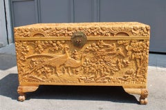 Chest 1930 Asian Wooden Carved Entirely Hand Maple Birds Lotus Flower Art Deco
