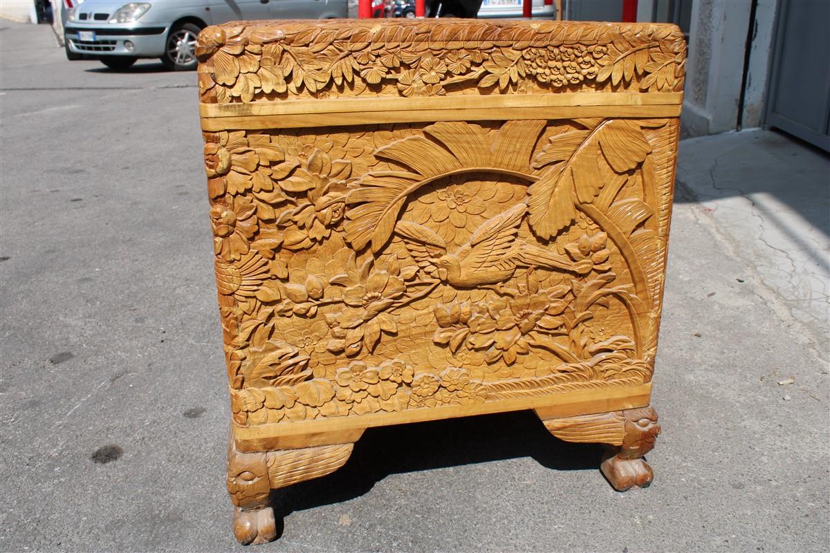 Chinese Chest 1930 Asian Wooden Carved Entirely Hand Birds Peony Flower Maple Tree For Sale