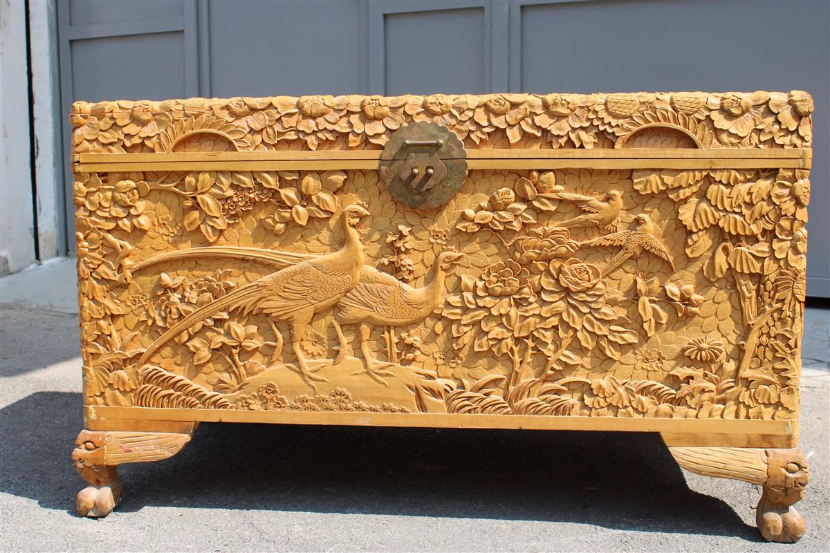 Mid-20th Century Chest 1930 Asian Wooden Carved Entirely Hand Birds Peony Flower Maple Tree For Sale