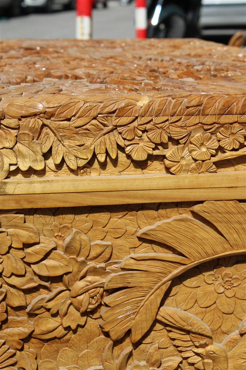 Chest 1930 Asian Wooden Carved Entirely Hand Birds Peony Flower Maple Tree For Sale 1