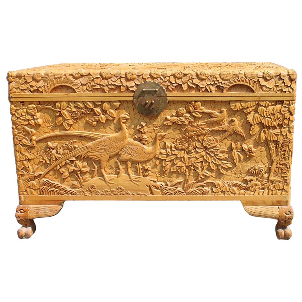 Chest 1930 Asian Wooden Carved Entirely Hand Birds Peony Flower Maple Tree