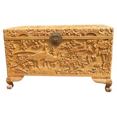 Chest 1930 Asian Wooden Carved Entirely Hand Maple Birds Lotus Flower Art Deco