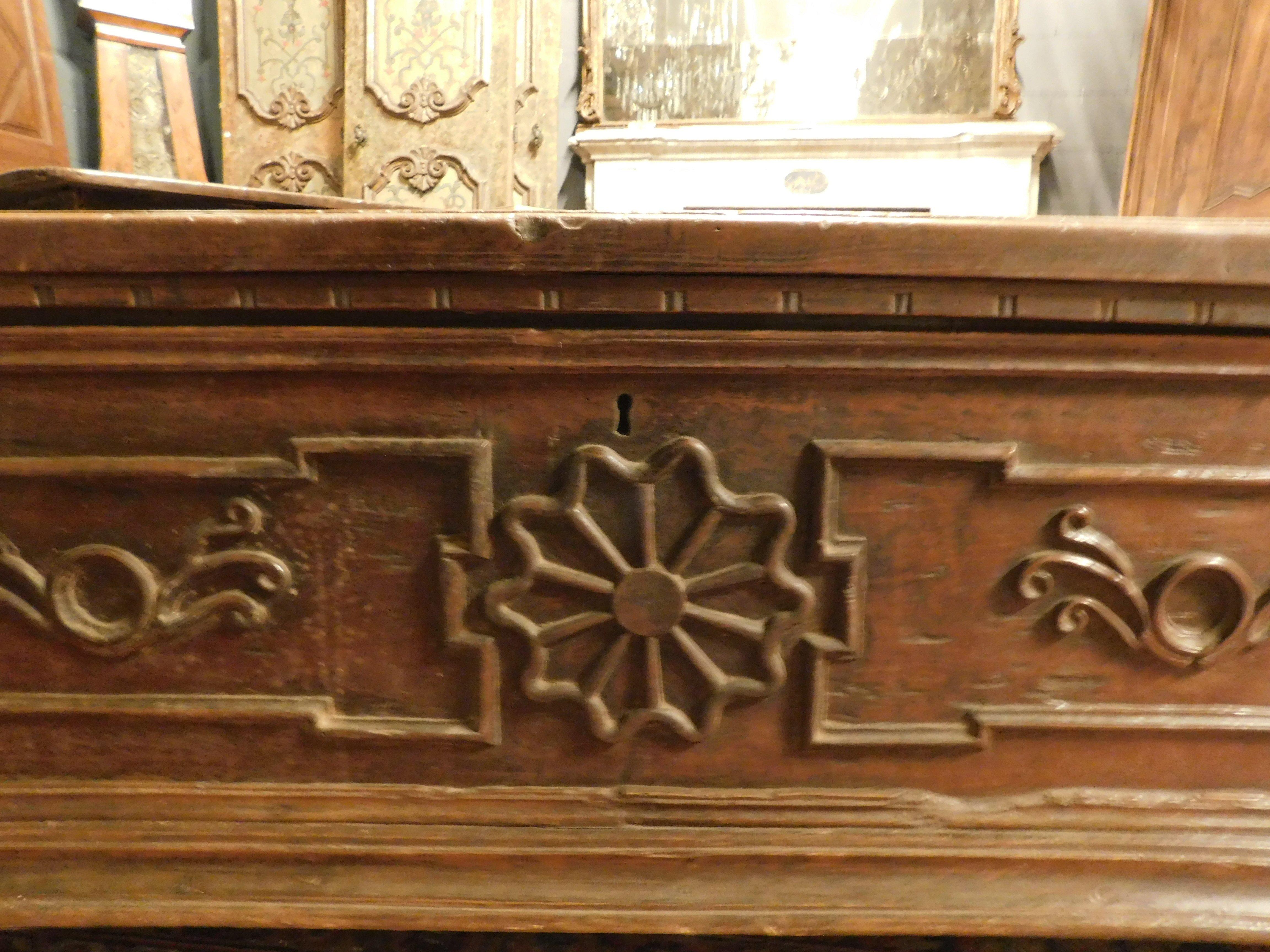 Hand-Carved Chest carved in walnut with opening top, Italy For Sale