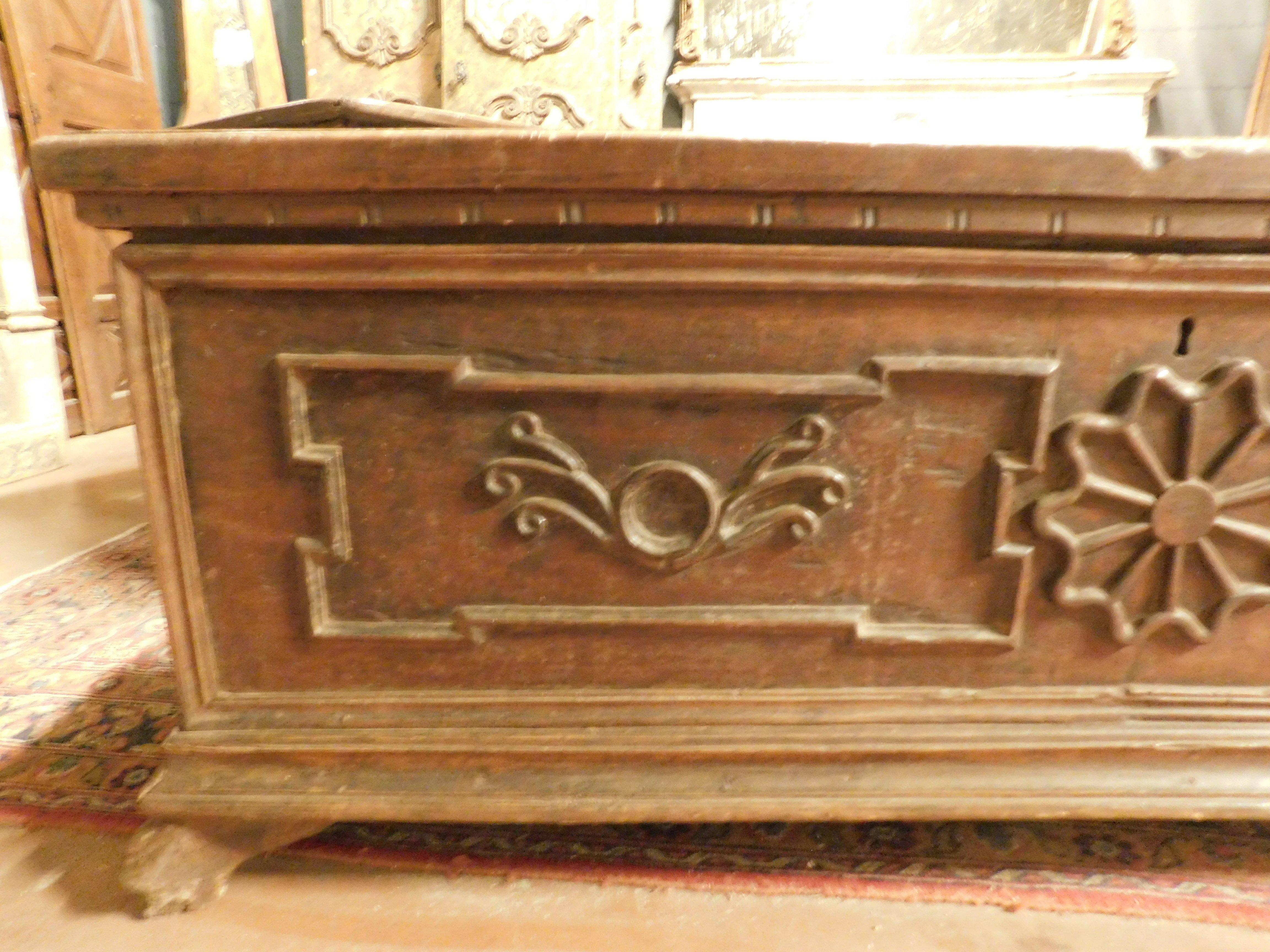 Chest carved in walnut with opening top, Italy In Good Condition In Cuneo, Italy (CN)