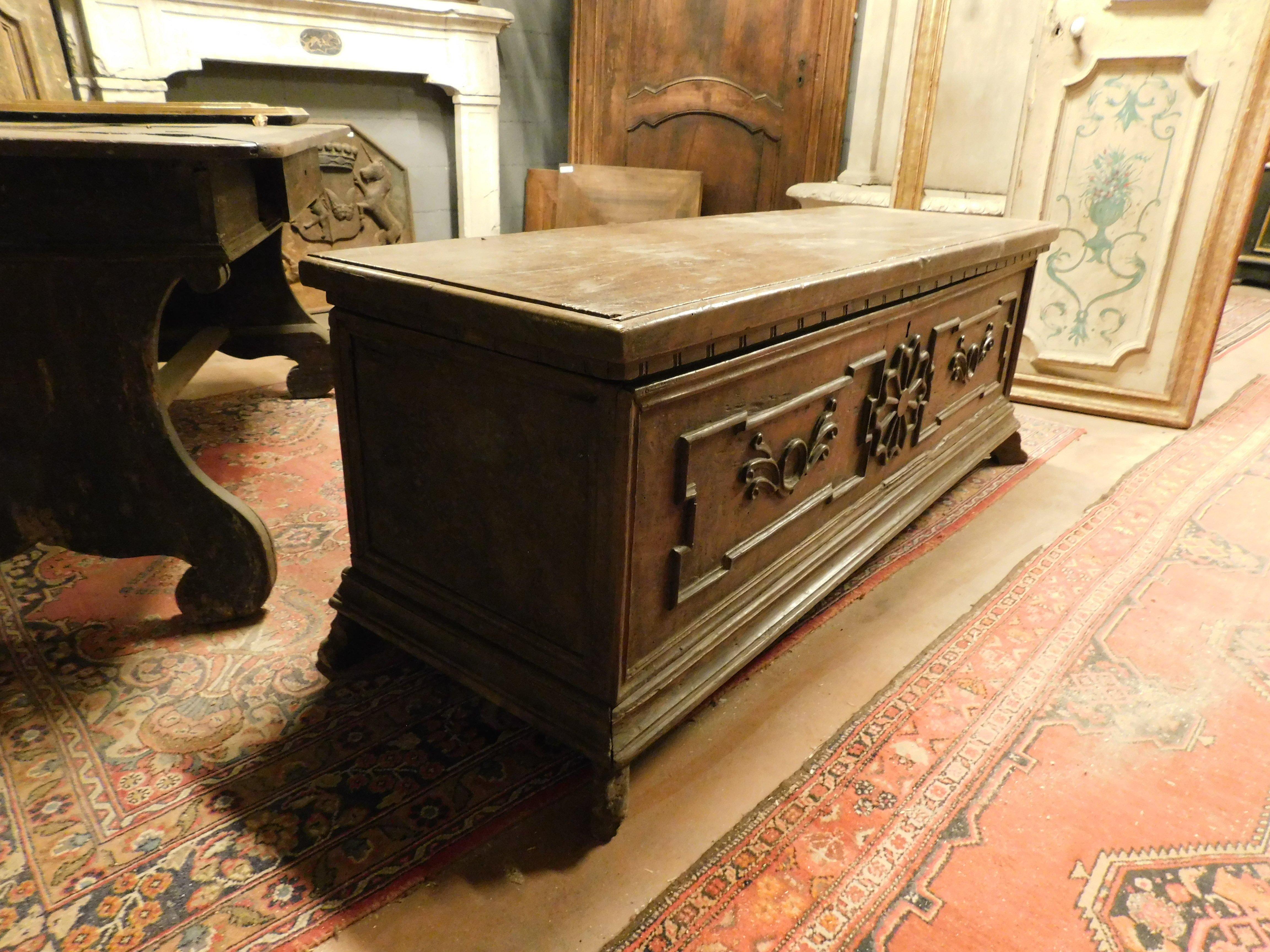 18th Century and Earlier Chest carved in walnut with opening top, Italy For Sale