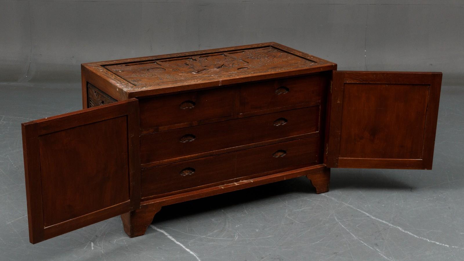 Lacquered Chest, China, Camphor Wood Richly Carved  For Sale