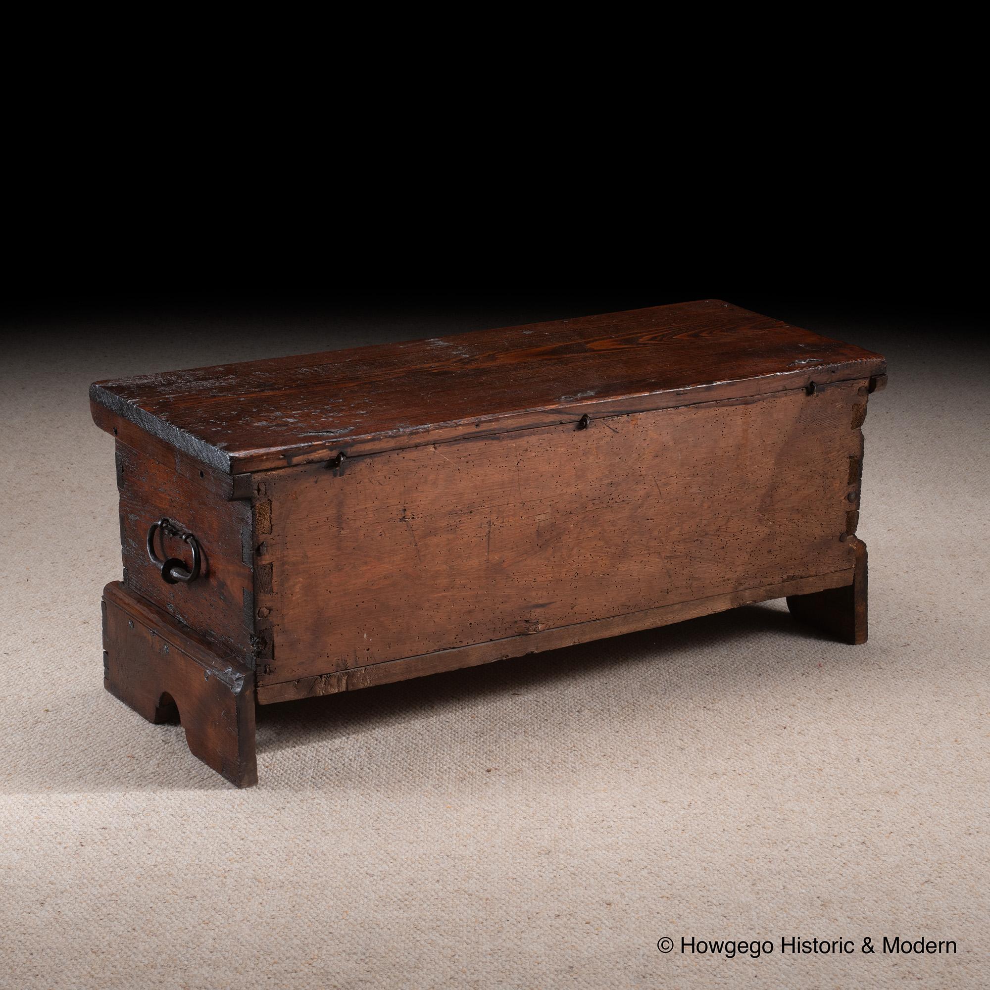 Joinery Chest Coffer Spanish Chip Carved Folk 18th Century Pine Ironwork Small 3ft long For Sale