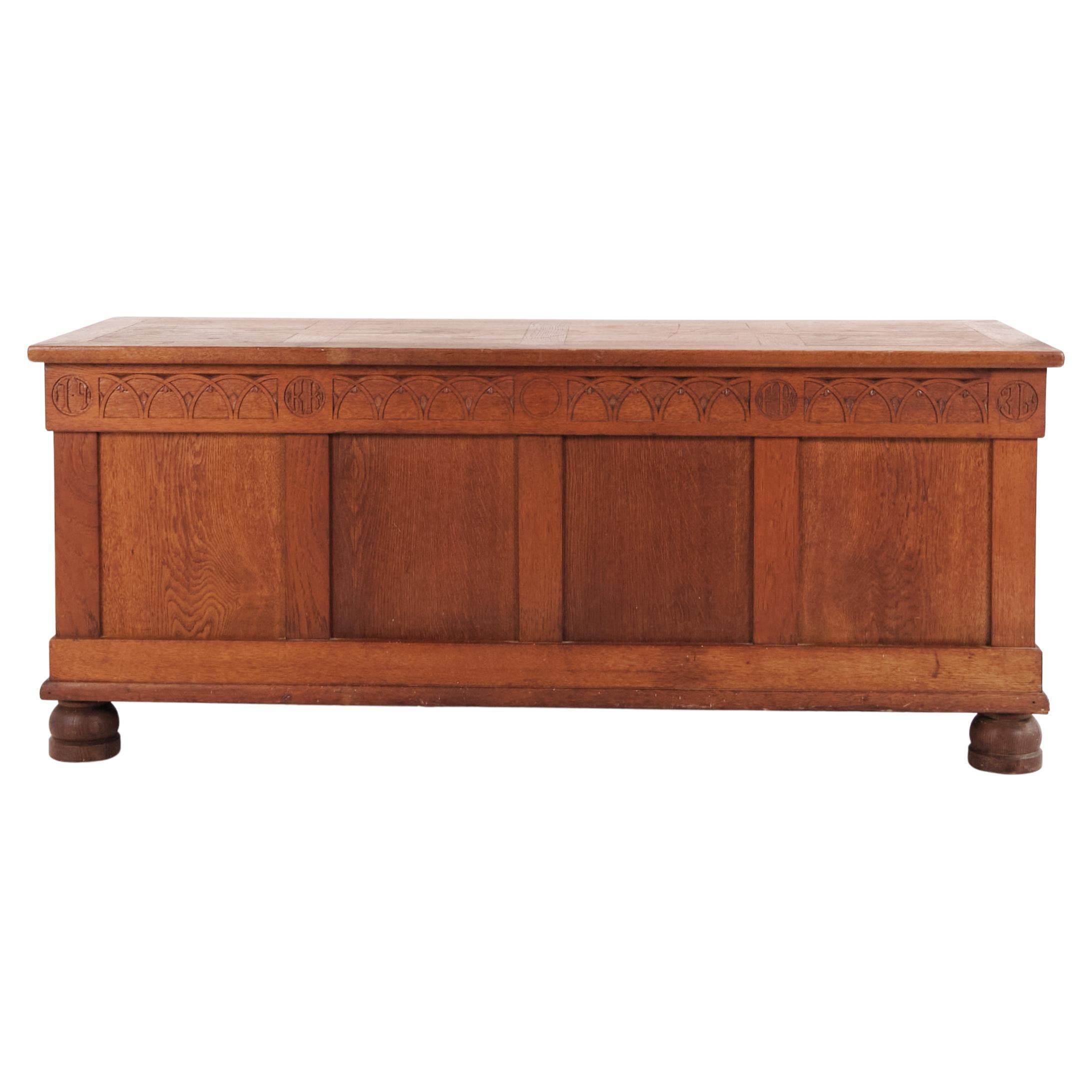 Chest in Oak with Carved Details and round Legs from 1920
s For Sale