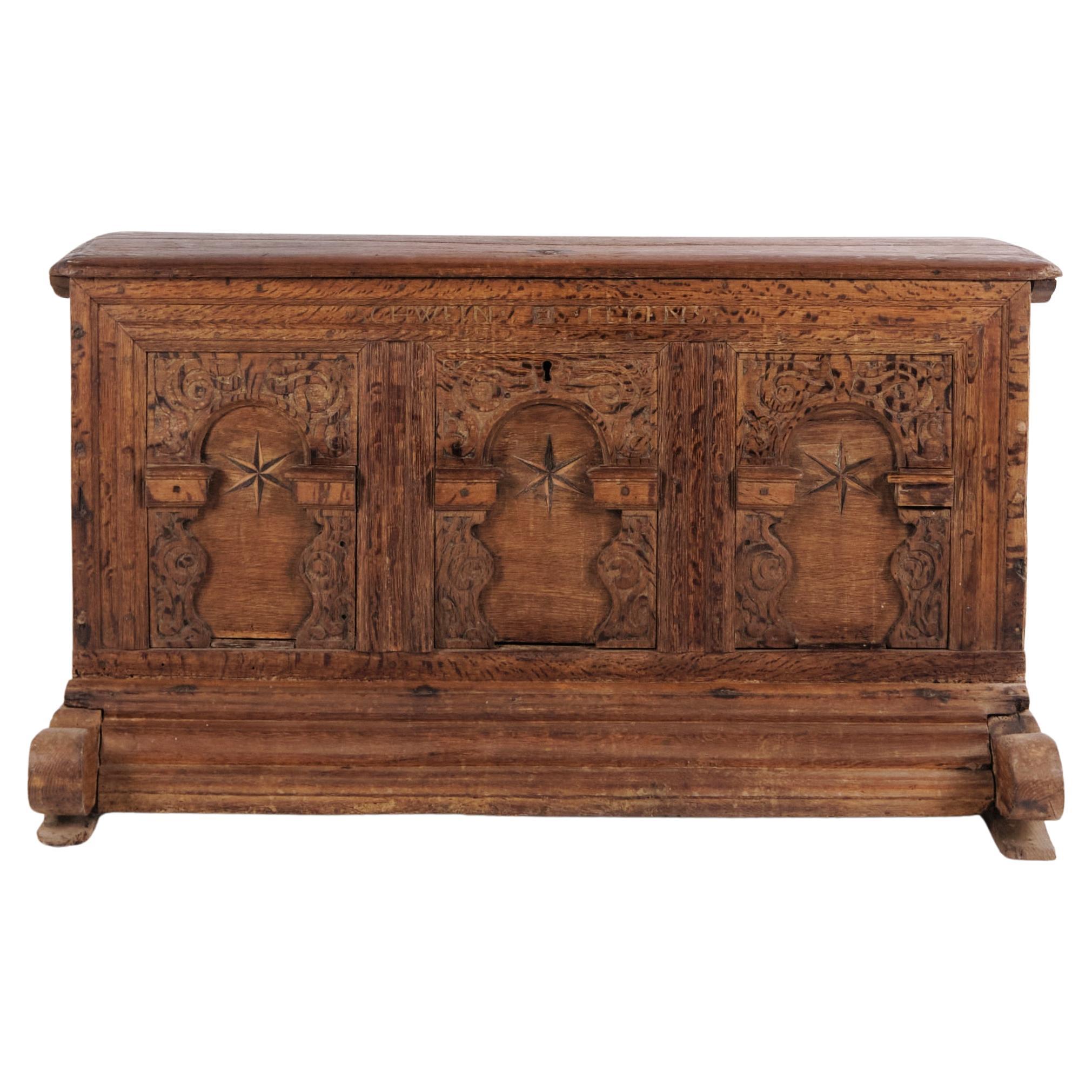 Chest in Oak wood with Carved Details Inlay fruitwood from 1860
s