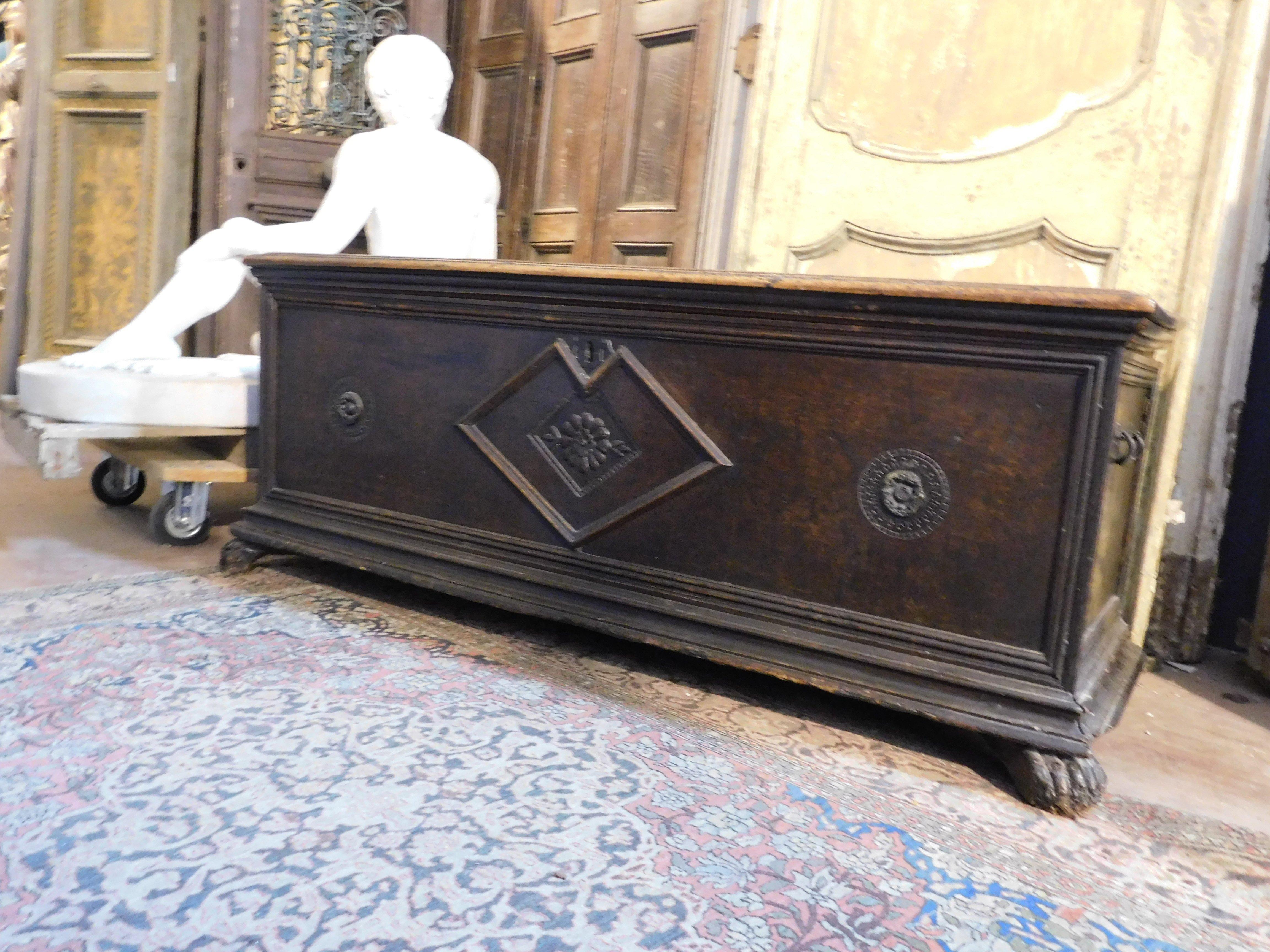Hand-Carved Chest in walnut wood, carved with three flowers and lion's paw feet, Italy For Sale