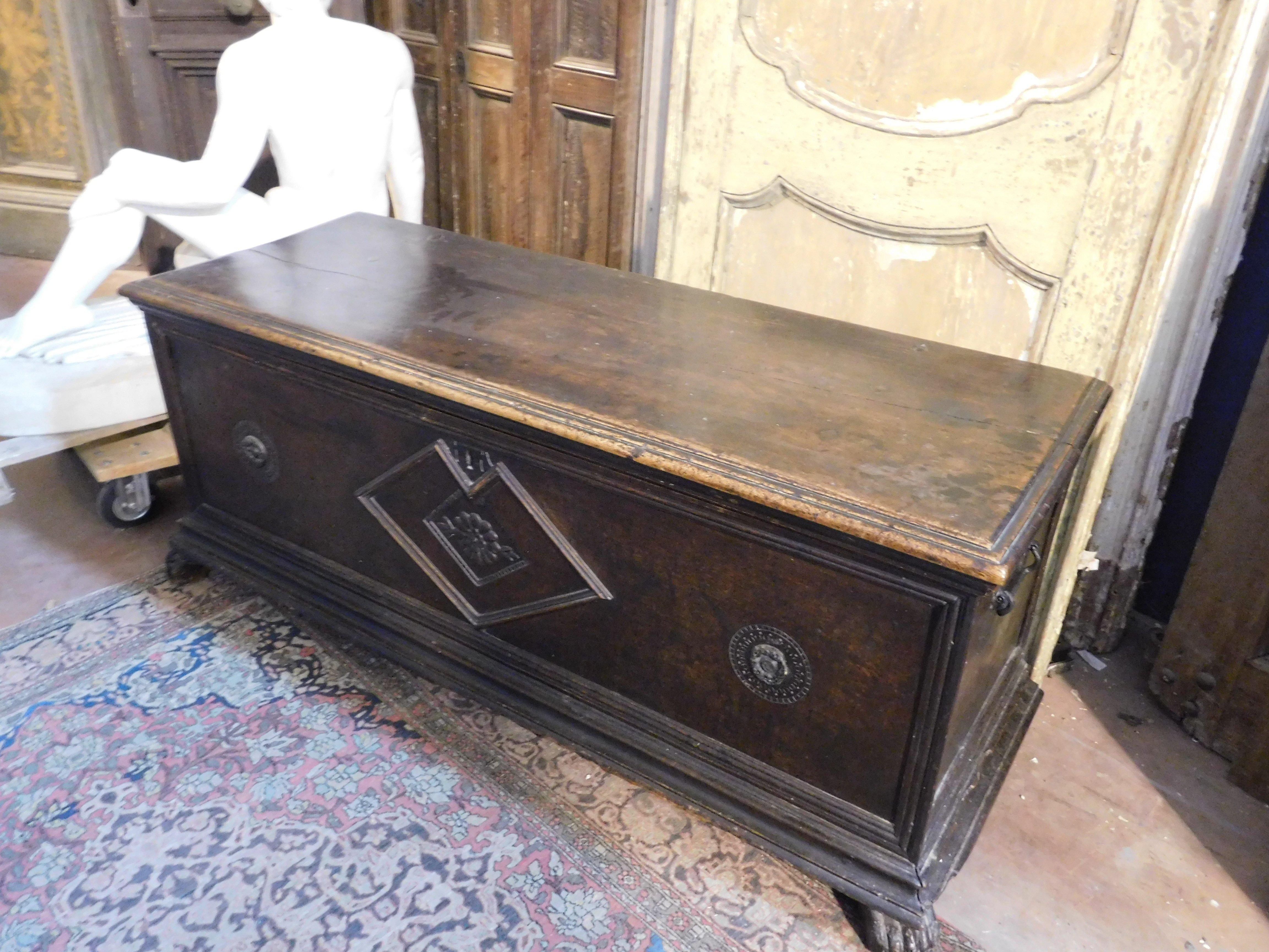18th Century and Earlier Chest in walnut wood, carved with three flowers and lion's paw feet, Italy For Sale
