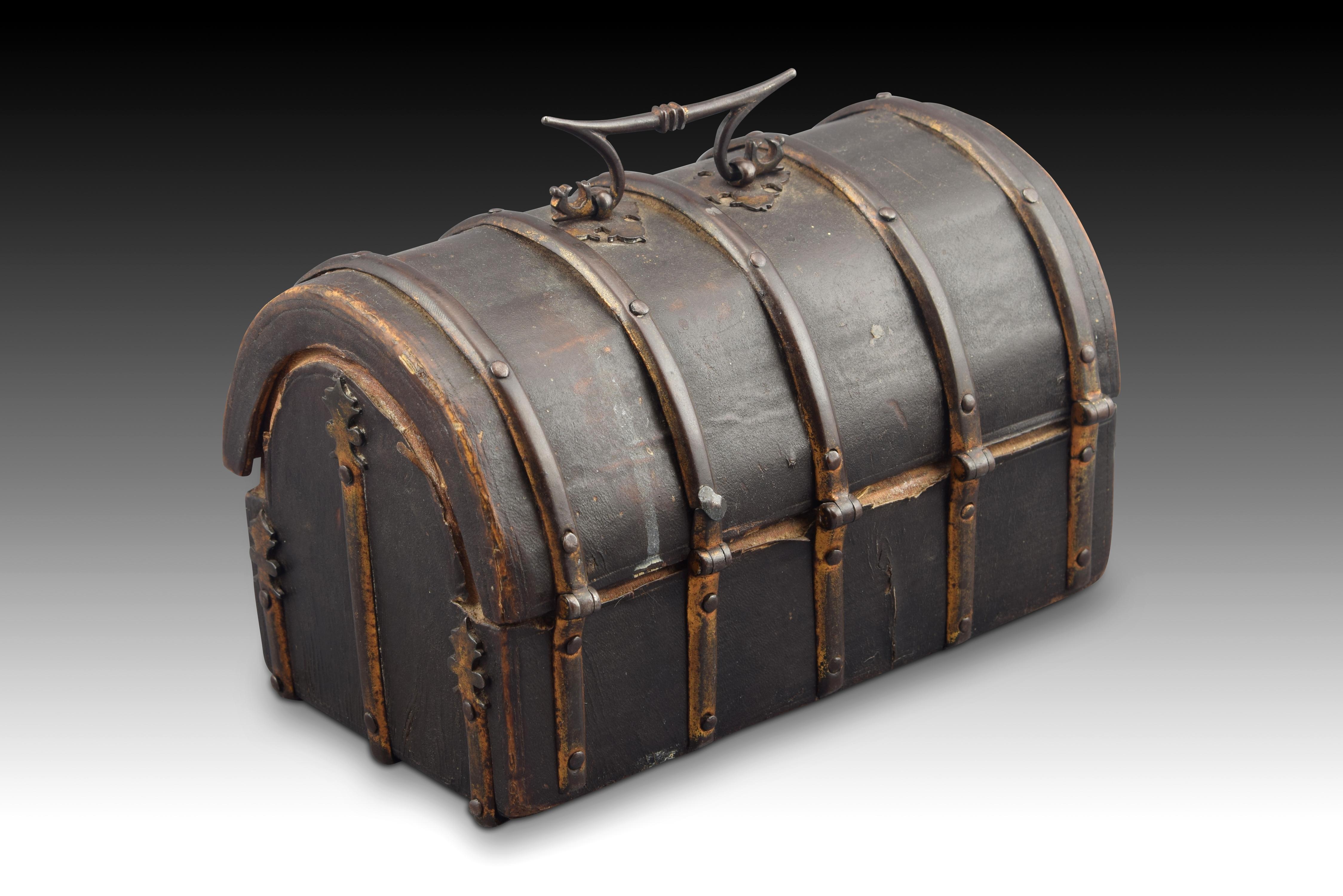 Gothic Chest, Leather, Wrought Iron, Textile, Wood, Spain, circa 1500 For Sale